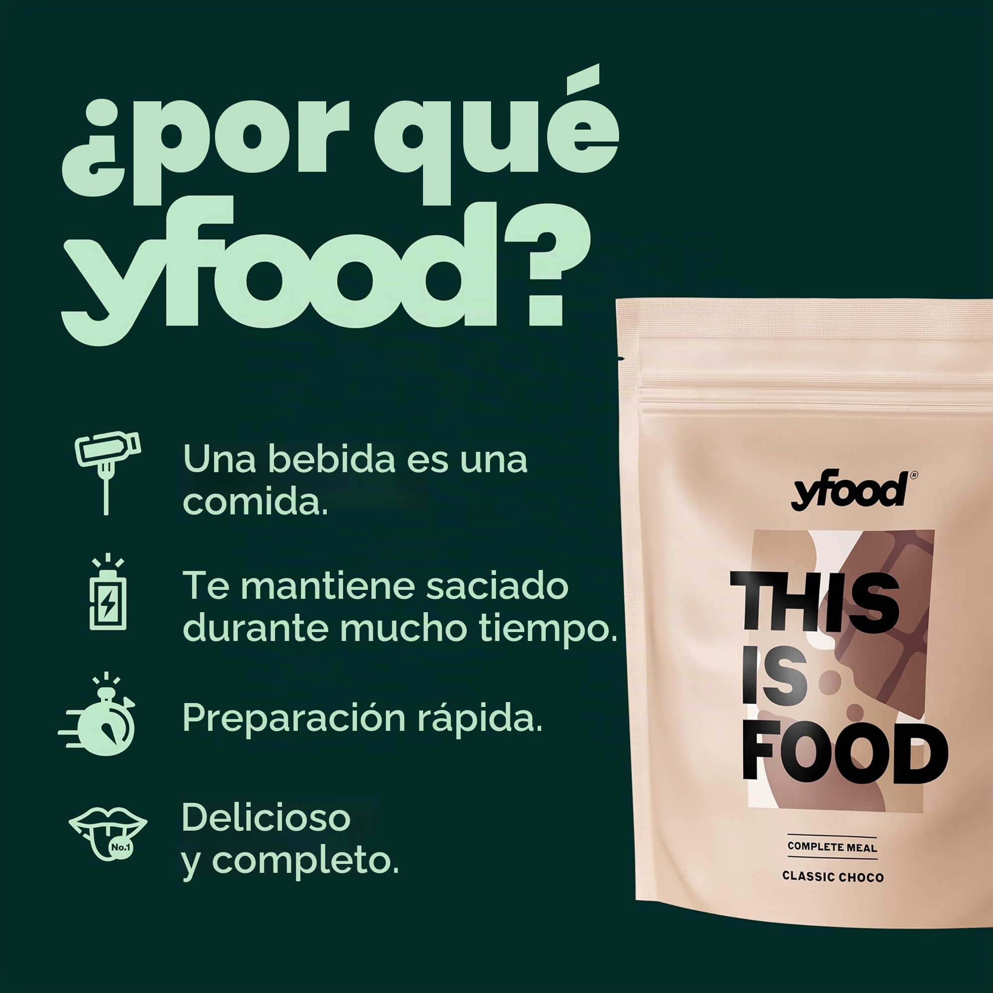yfood Comida Líquida Choco – 12 comidas de 400 kcal cada una en forma de polvo – 25g de proteína, vitaminas y minerales - Sabor: chocolate