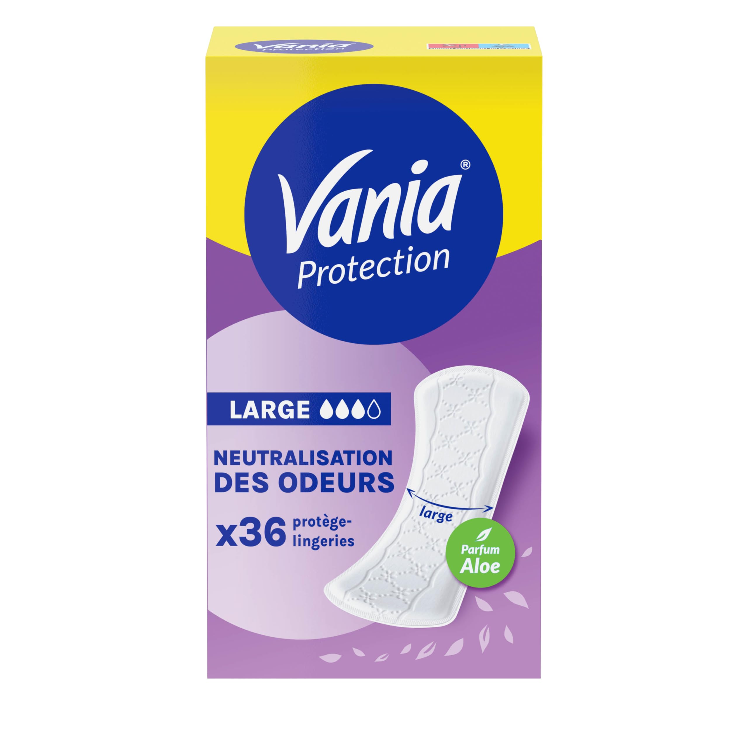 Vania - Protège-​Slips Protection Large Parfum Aloe Vera (boîte de 36 pièces) – Protège-​lingeries avec neutralisation des odeurs – Protection hygiénique longue durée et voile testé dermatologiquement