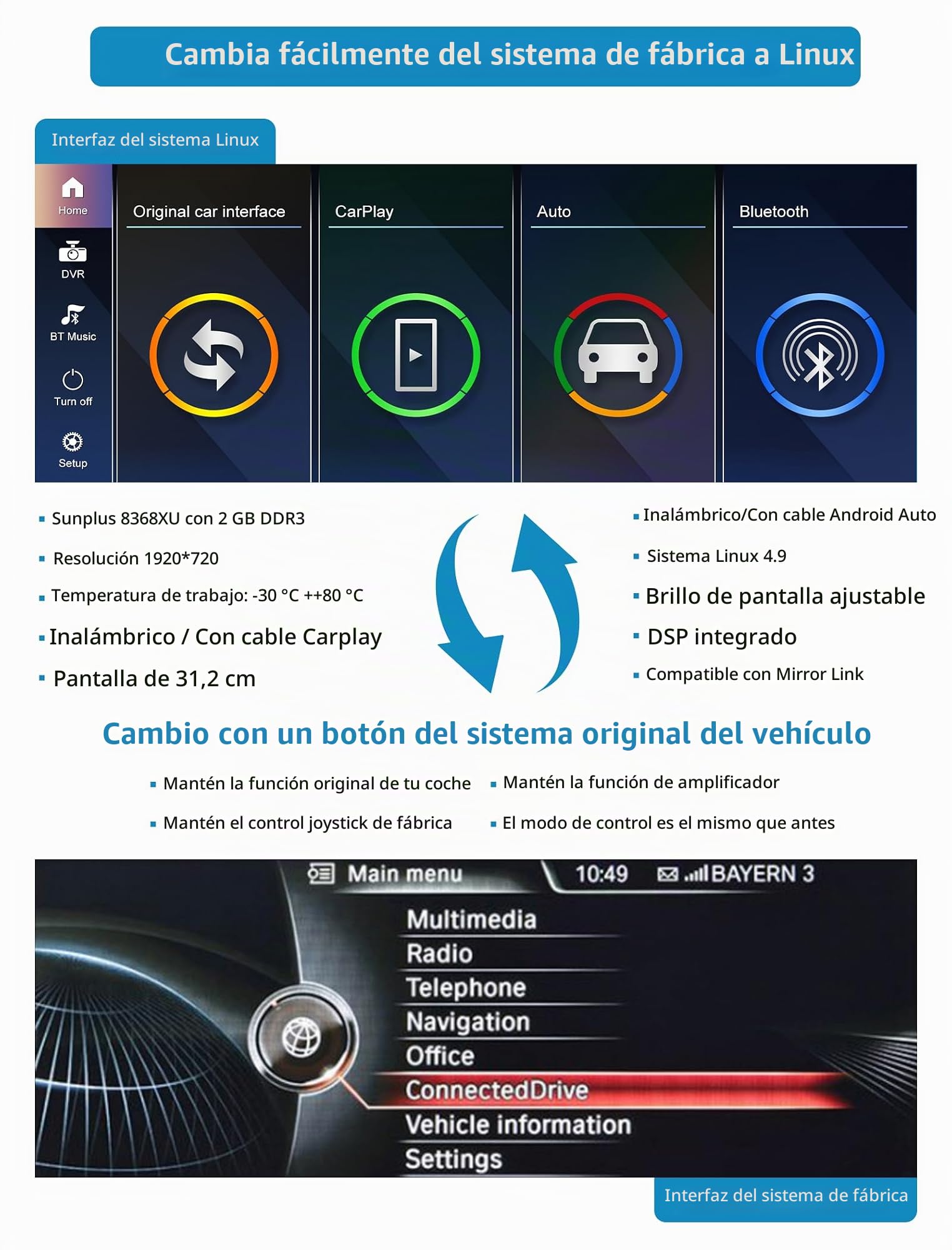 Autorradio de 12,3'', Apple CarPlay/Android Auto/Mirrorlink/GPS para BMW Serie 2 F45 F46 2013-2016 con Pantalla táctil NBT, actualización de estéreo para automóvil