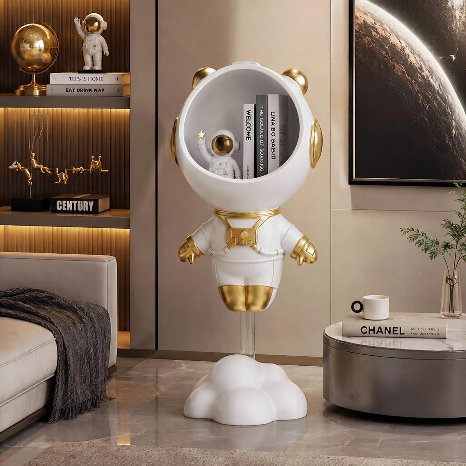 Large Astronaut Storage Statue, 28.3" Floor Spaceman with Storage, Modern Resin Sculpture Home Decor for Living Room Bedroom Office, Unique Space Theme Gift for Boys Adults (Gold)
