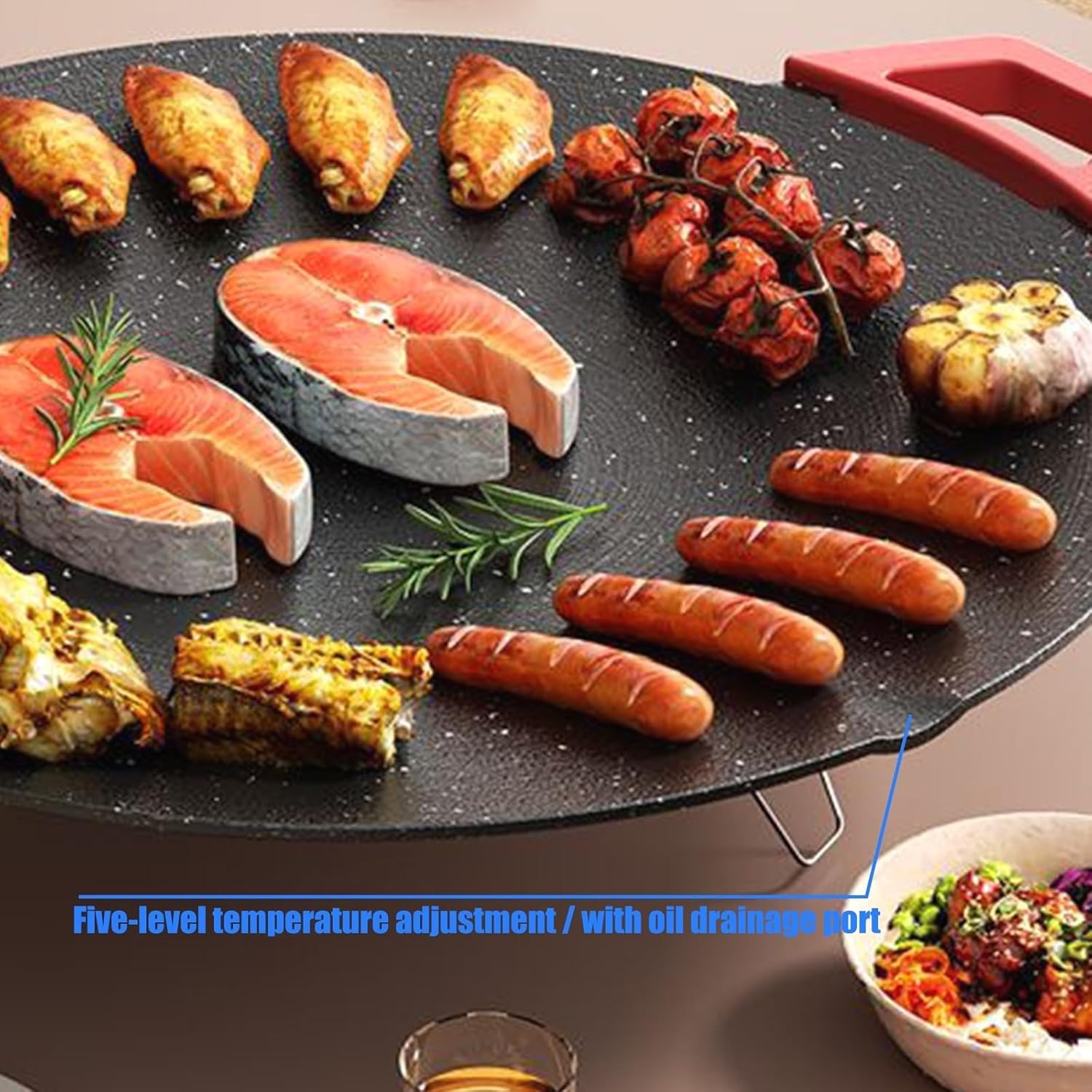 Nonstick Round Tabletop Indoor Grill with Adjustable Temperature Control, 1000W Fast Heating, and Oil Drain Design for Grilling Steaks, Burgers, Pancakes, and BBQ (40 cm/16 inch)