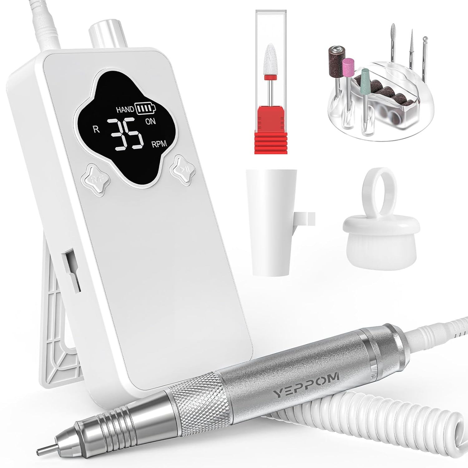 Electric Nail Drill Professional with Ultra-Quiet Coreless Motor, 35000 RPM Cordless Nail File Kit for Acrylic Gel Nails, Low Vibration & Heat, Portable E-File for Home & Salon (White)