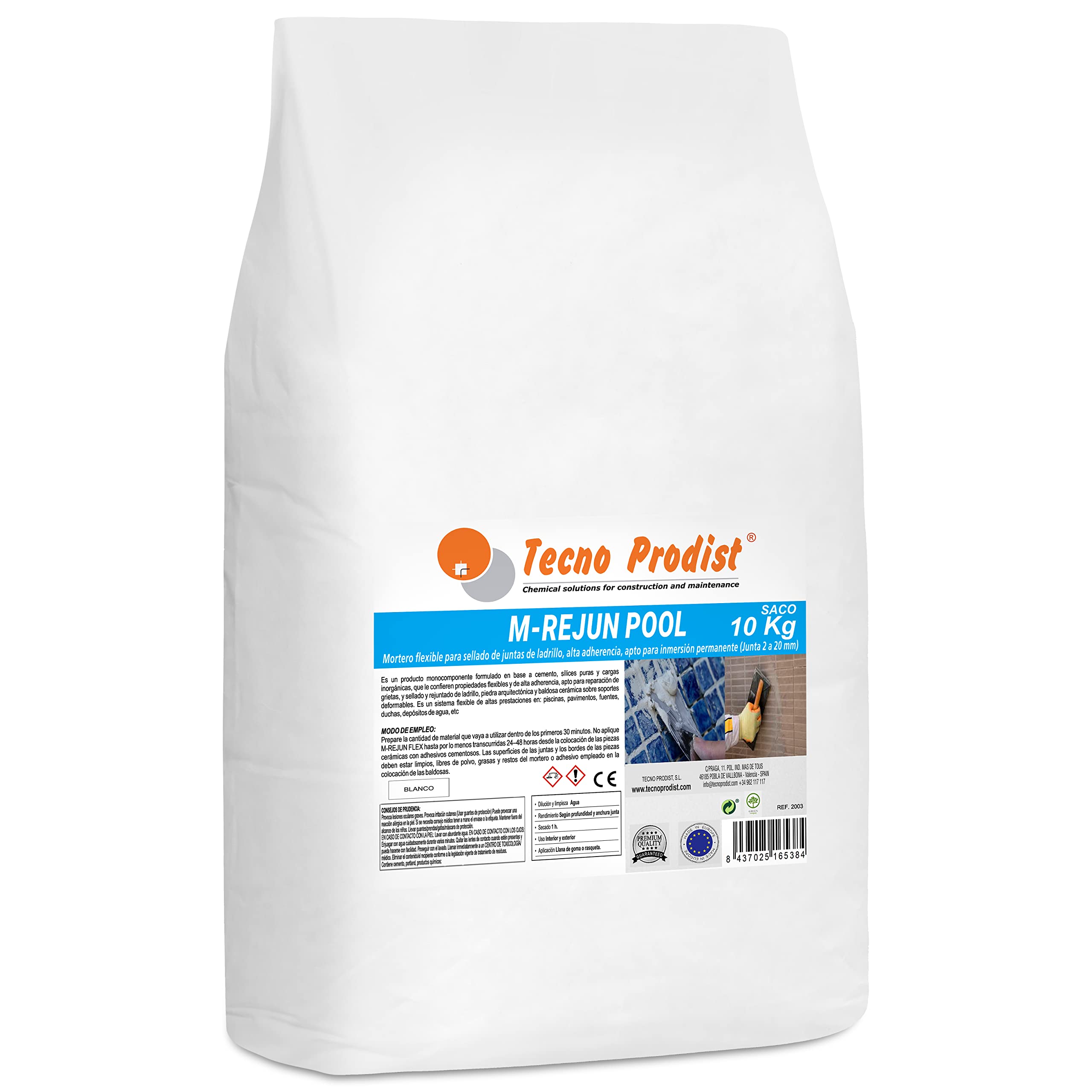 Tecno Prodist - M-​REJUN POOL (Saco 10 Kg) Mortero flexible para sellado de juntas de baldosas y gresite en piscinas, ceramica, ladrillo, etc, apto para inmersión permanente (Junta 2 a 20 mm) Blanco