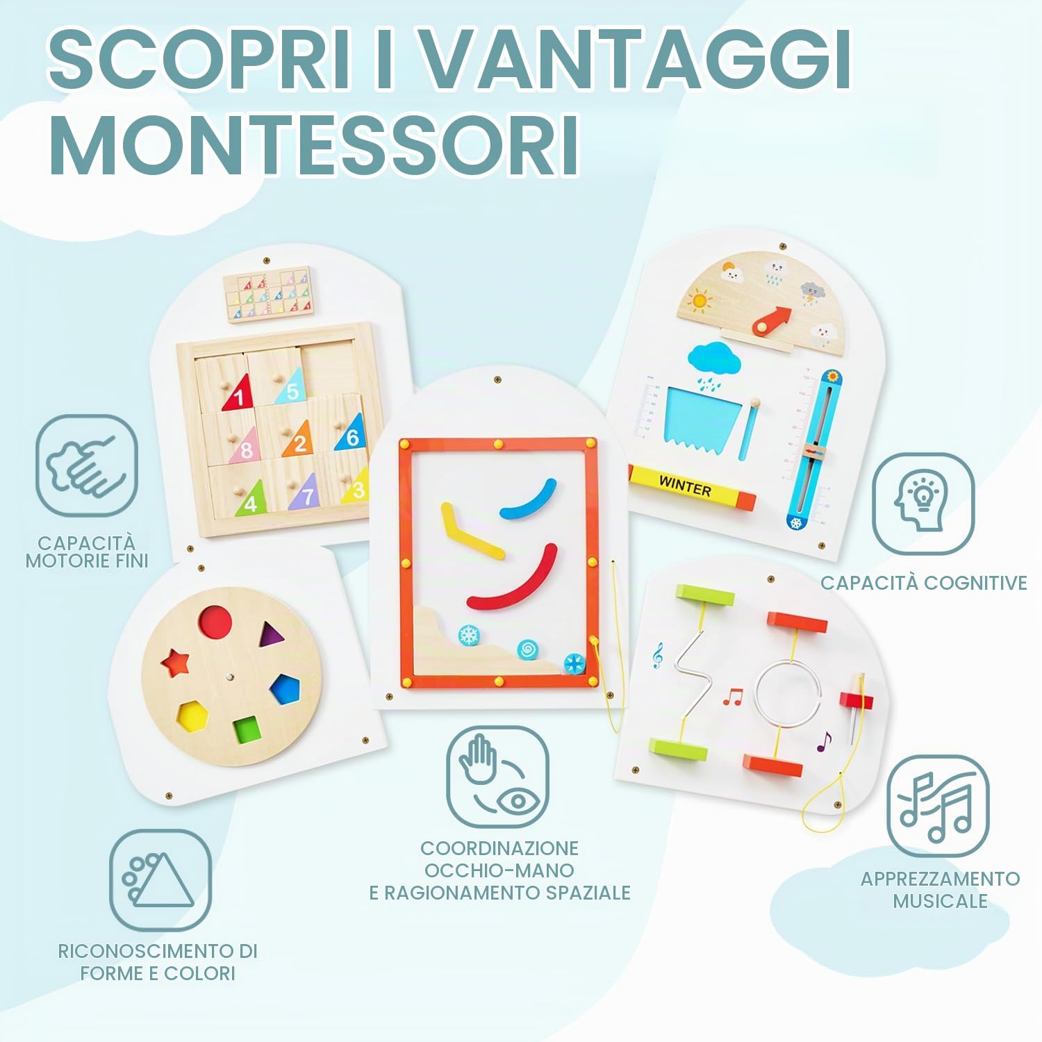 Monläurd Tavola attività Montessori Nuvola, tavola sensoriale, Giocattoli in Legno, Giocattoli da Parete per Bambini e Bambine dai 6 Mesi