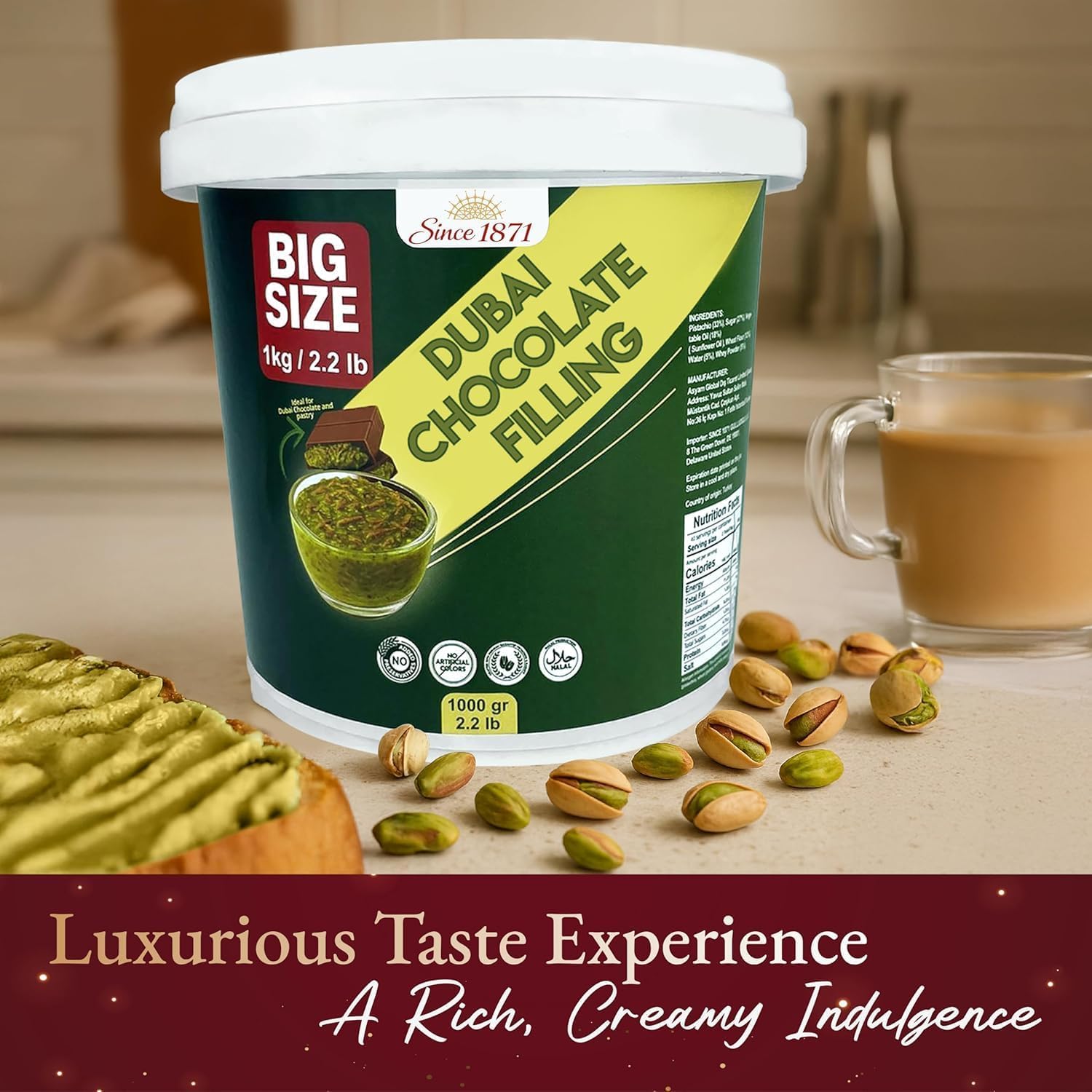 Garniture au Chocolat de Dubaï 1 Kg / 2.2 Lb de Crème de Pistaches avec Kadayif Croustillant | Dessert Gourmand du Moyen-Orient Meilleur Ingrédient pour le Chocolat de Dubaï | Trait Riche