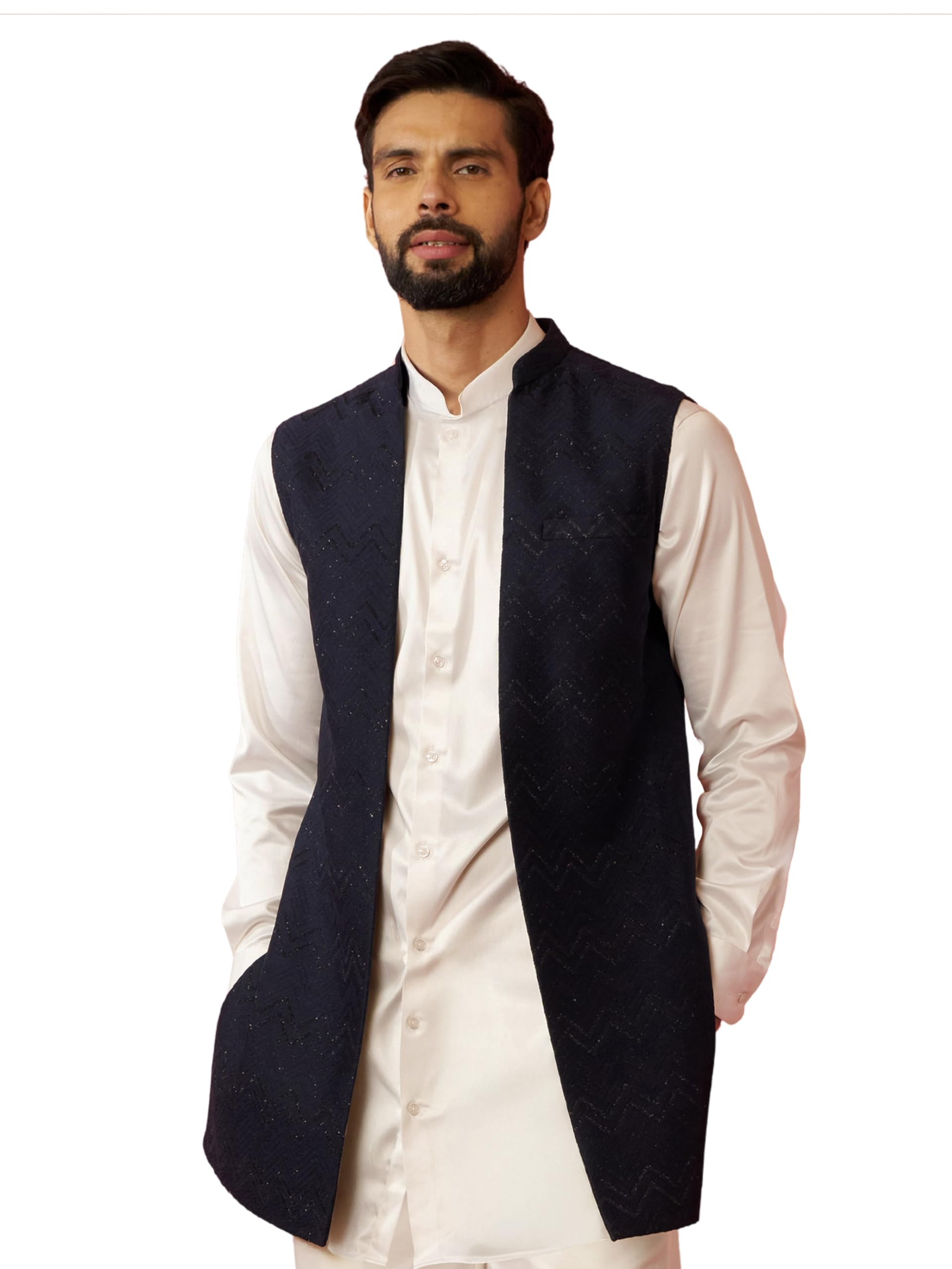 vastramay Men's Navy Blue Maharaja Jacquard Nehru Jacket - Wedding Party Ethnic Wear-picture-32