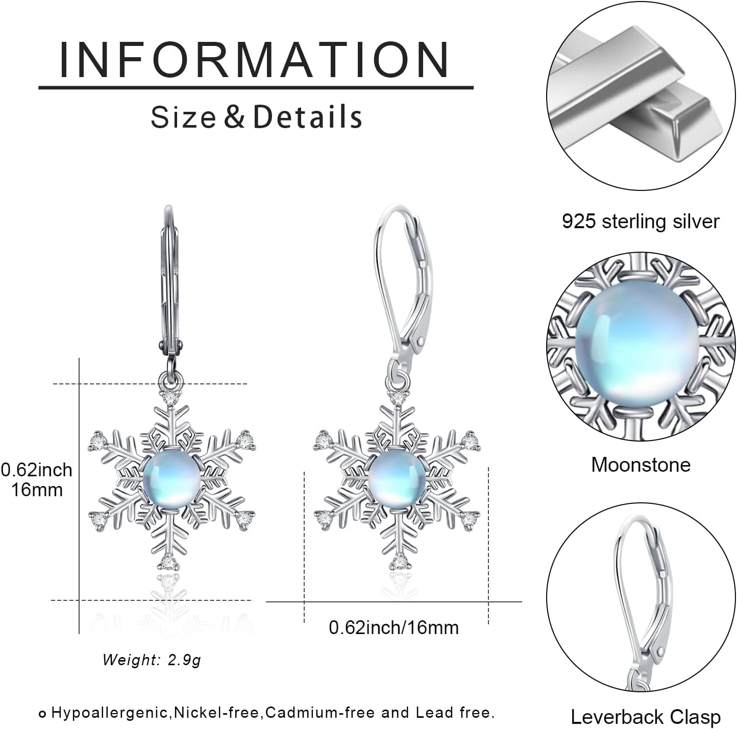 925 Sterling Silver Earrings Snowflake Earrings For Women White Turquoise/Moonstone/Dangle Drop Earrings - Image 4