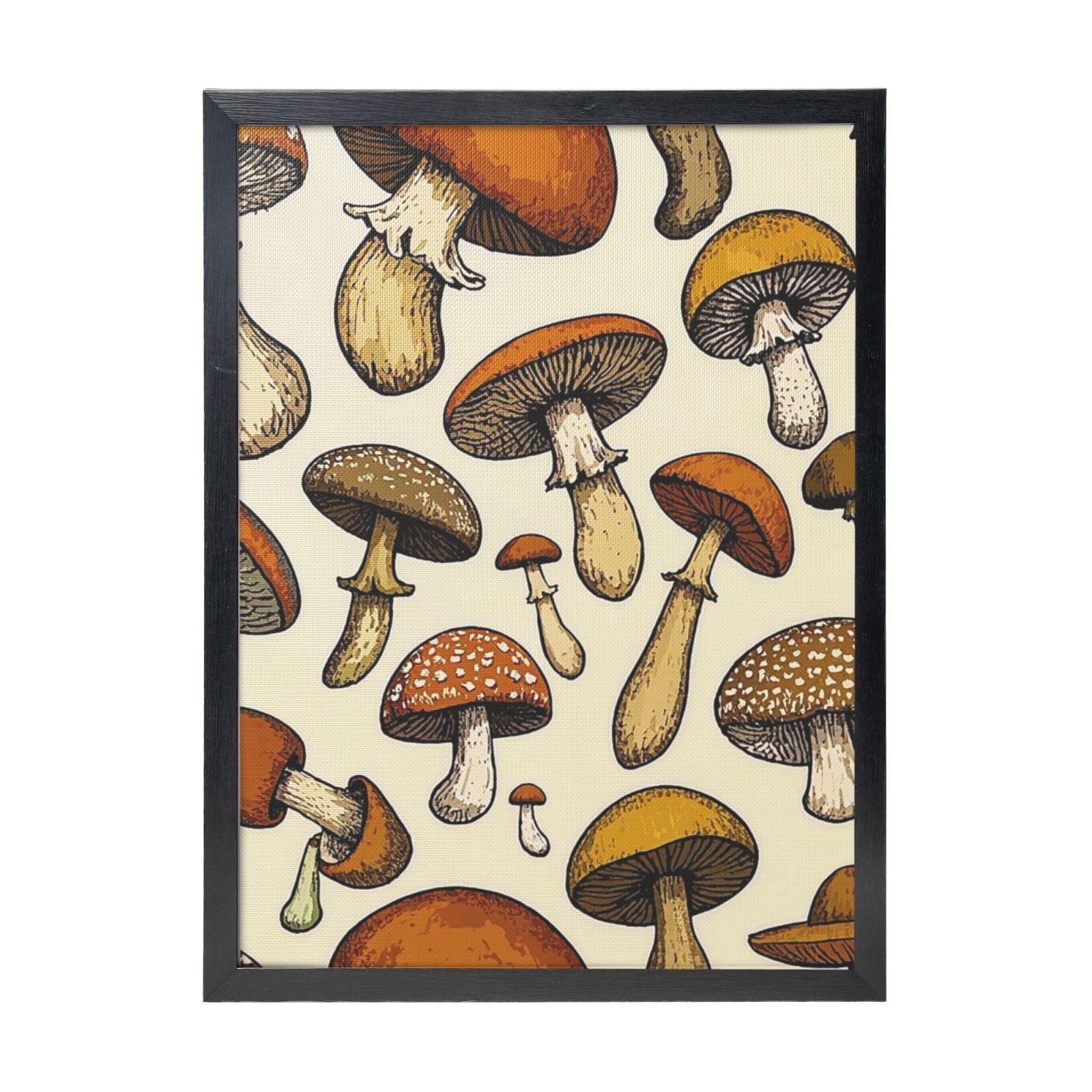 Framed Wall Art - Decorative Canvas Painting Funny Mushrooms Pictures Poster Aesthetic Modern Prints Artwork for Bedroom Office Wall Decor Ready To Hang 12x16 in