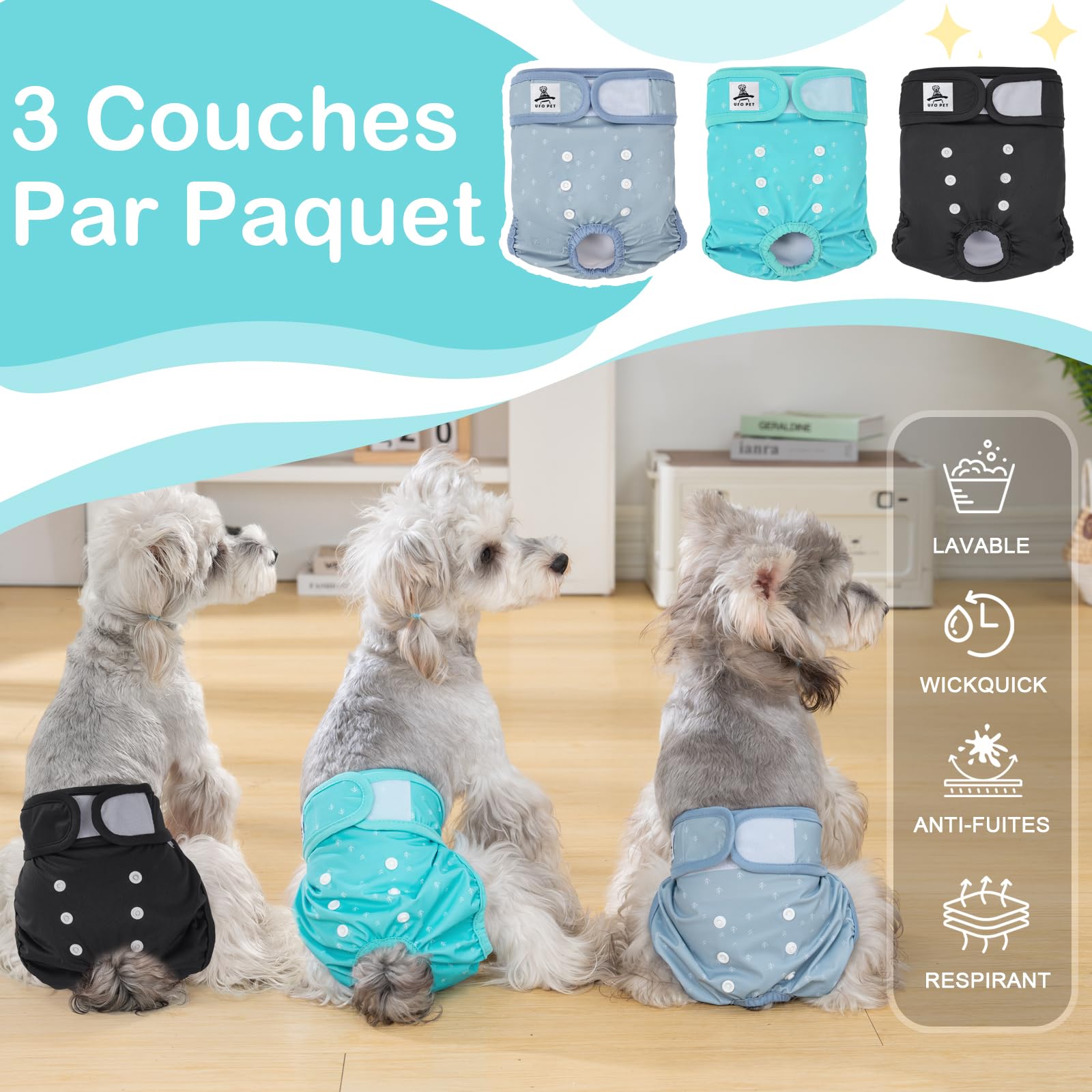 Culotte Chiennes Chaleurs XL Réutilisables, Couche pour Chien Femelle Lavables Lot de 3, Absorbantes avec Fermeture Forte