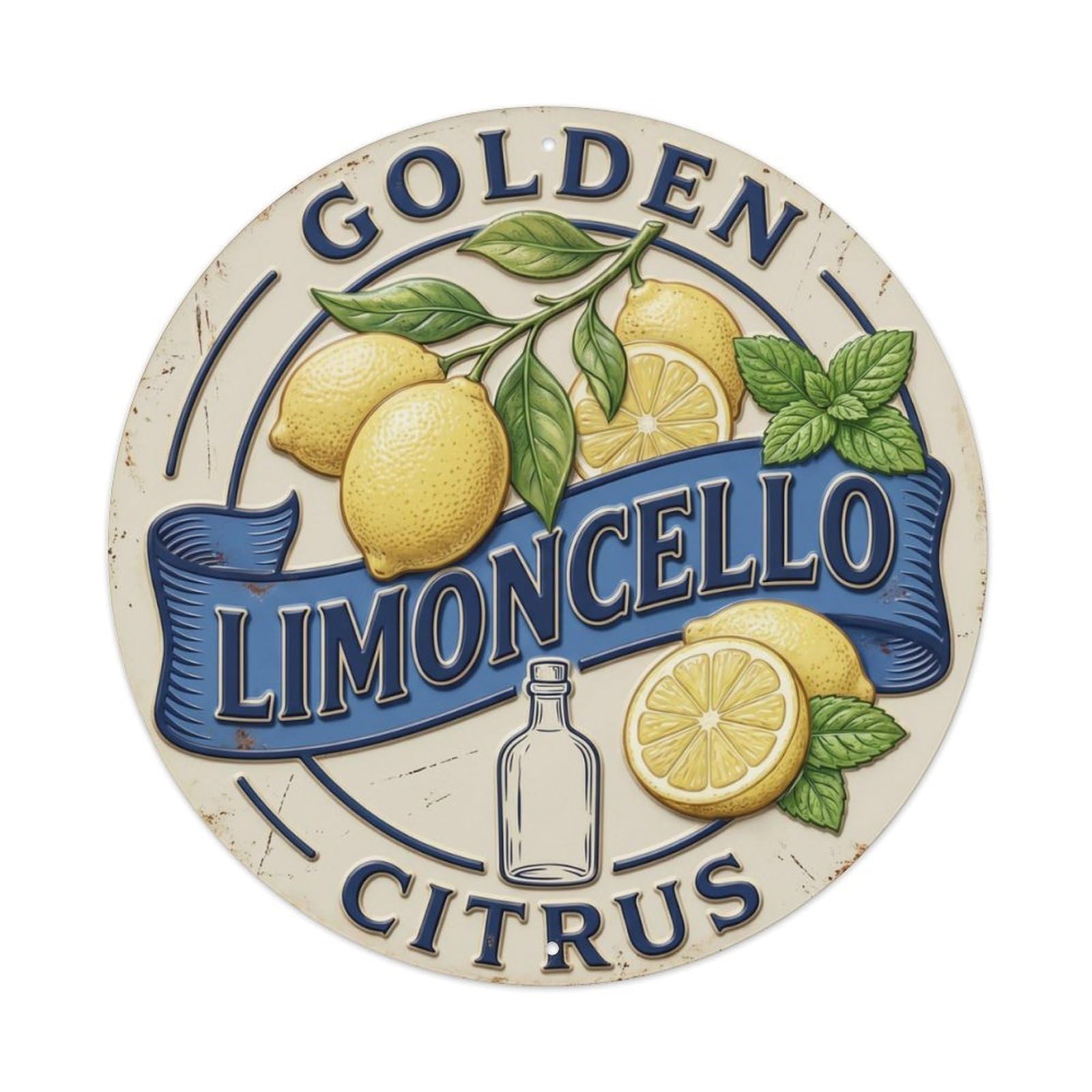 Golden Citrus Limoncello Badge Metal Tin Sign Plaque Wall Decor for Cafe, Club Bar, Office, Home Garden Round Metal Poster 8x8Inch