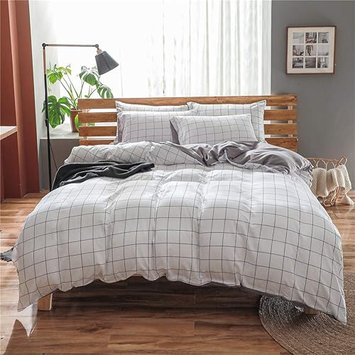 Miniatura 2 de NSNLGSGC Juego de funda de edredón tamaño individual, color blanco cuadrícula, juego de ropa de cama suave lavado para niños (2 piezas, individual)