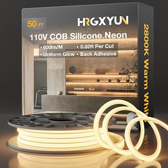 COB LED Neon Rope Light 110V - 15m/50ft Waterproof Silicone Rope Light with Adhesive Backing, Cuttable 2800K Warm White Neon Lighting for Cabinets, Home Office & DIY Projects