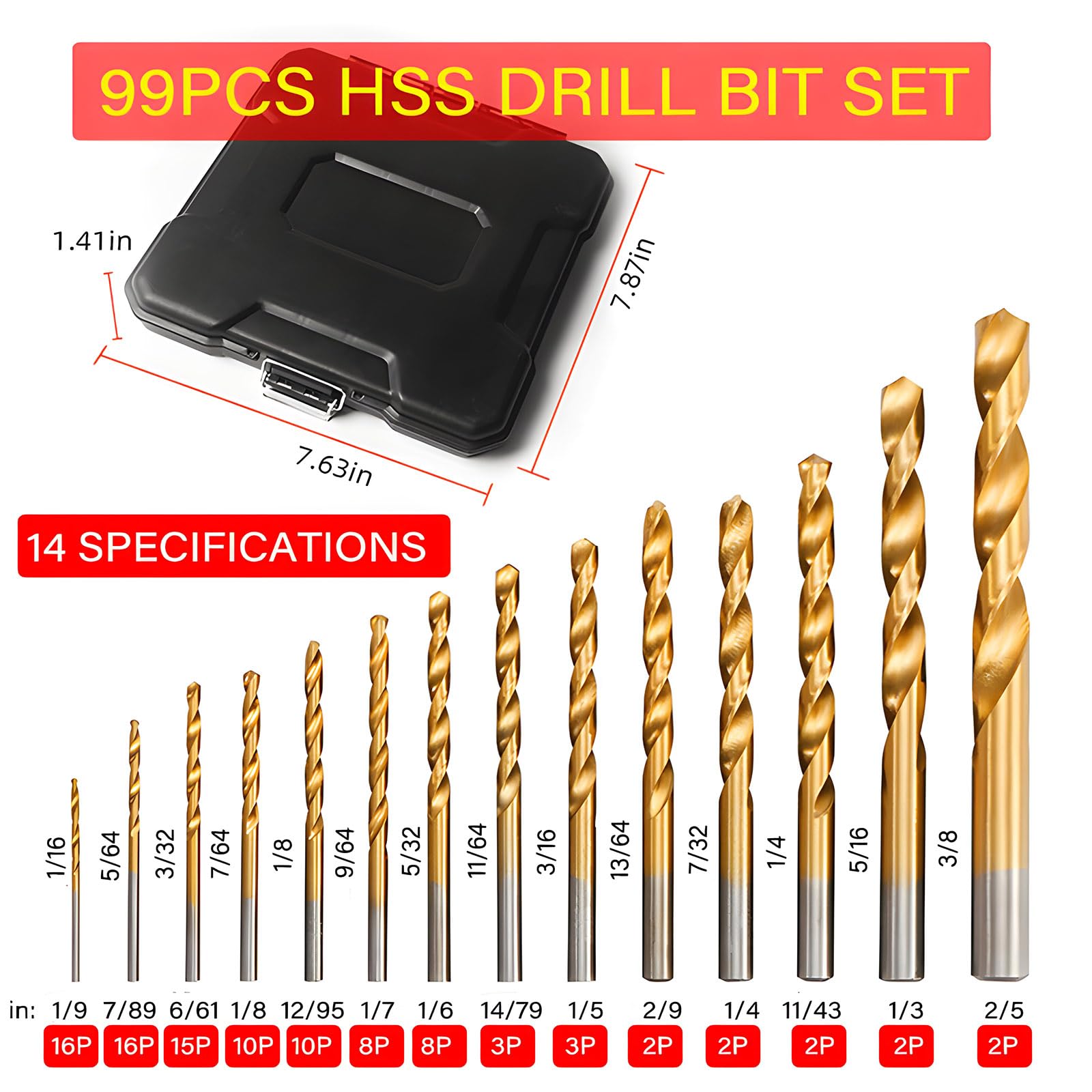 Juego de brocas con revestimiento de titanio, 99 brocas helicoidales HSS para metal, madera, hierro fundido, aleación de aluminio, plástico, fibra de vidrio, ángulo de punto de 135°, tamaños métricos