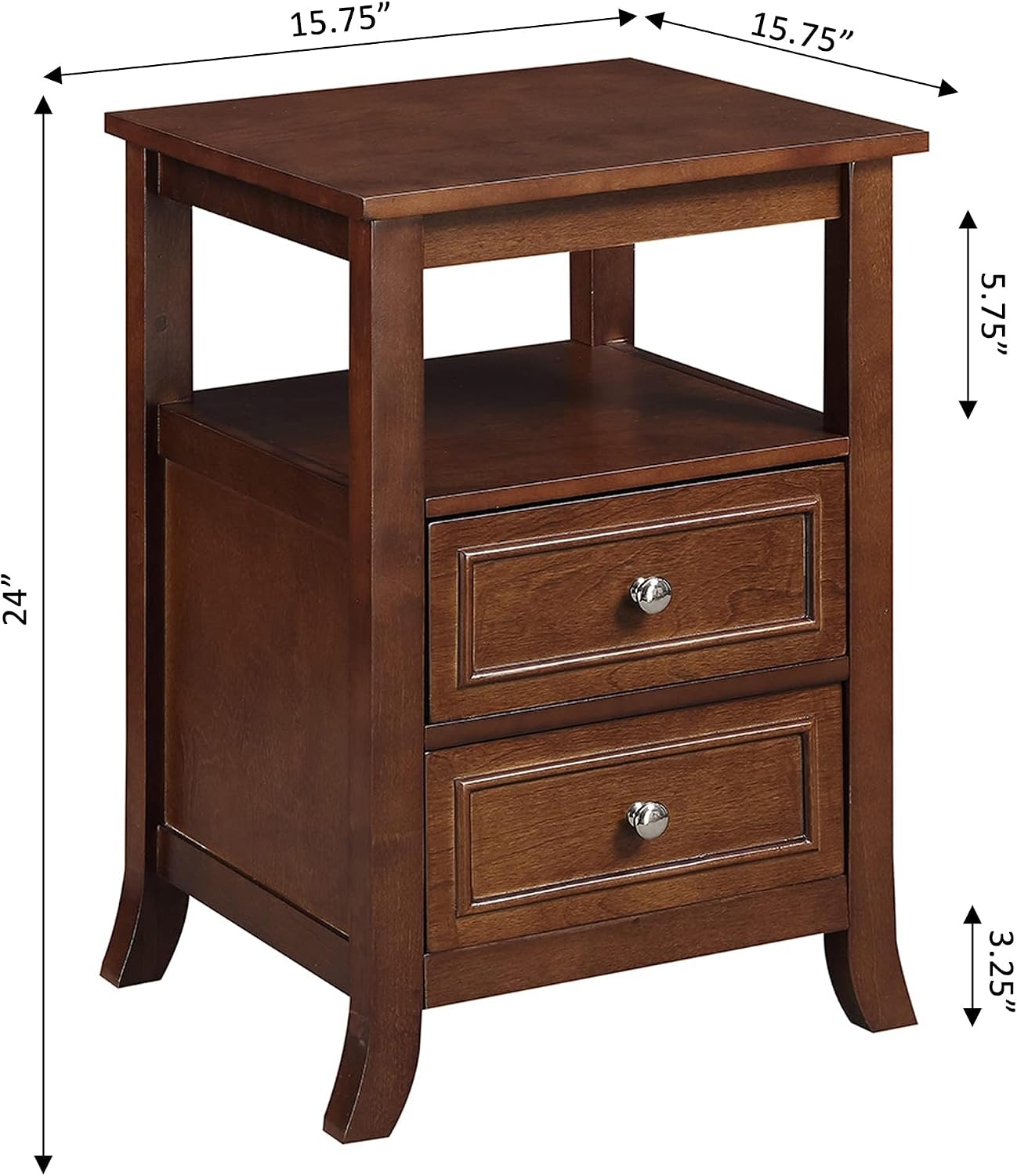 Pemberly Row Transitional Square Wood End Table Nightstand, Espresso Finish, 24" H x 15.75" W x 15.75" D, 2 Drawers 1 Shelf, Compact Design Bedroom or Living Room Furniture for Storage and Decor