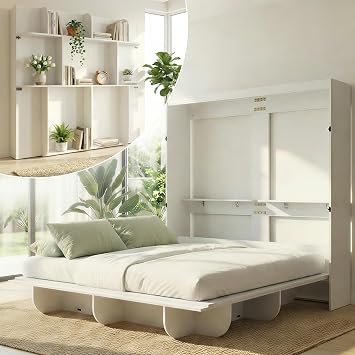 CECER Horizontal Murphy Bed Queen for Bedroom/Offices/Guest-White | Multi-Functional Queen Murphy Bed Cabinet with Storage Shelf/Bookshelf,Sturdy frame,Space Saving Hidden beds,Easy Assemble