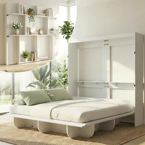 CECER Queen Size Wall Murphy Bed with Storage Shelf，Space-Saving Queen Wall Beds Cabinet Bed，Queen Murphy Cabinet Beds with Bookshelf for Guest Room/Bedroom-White（Without Mattress）