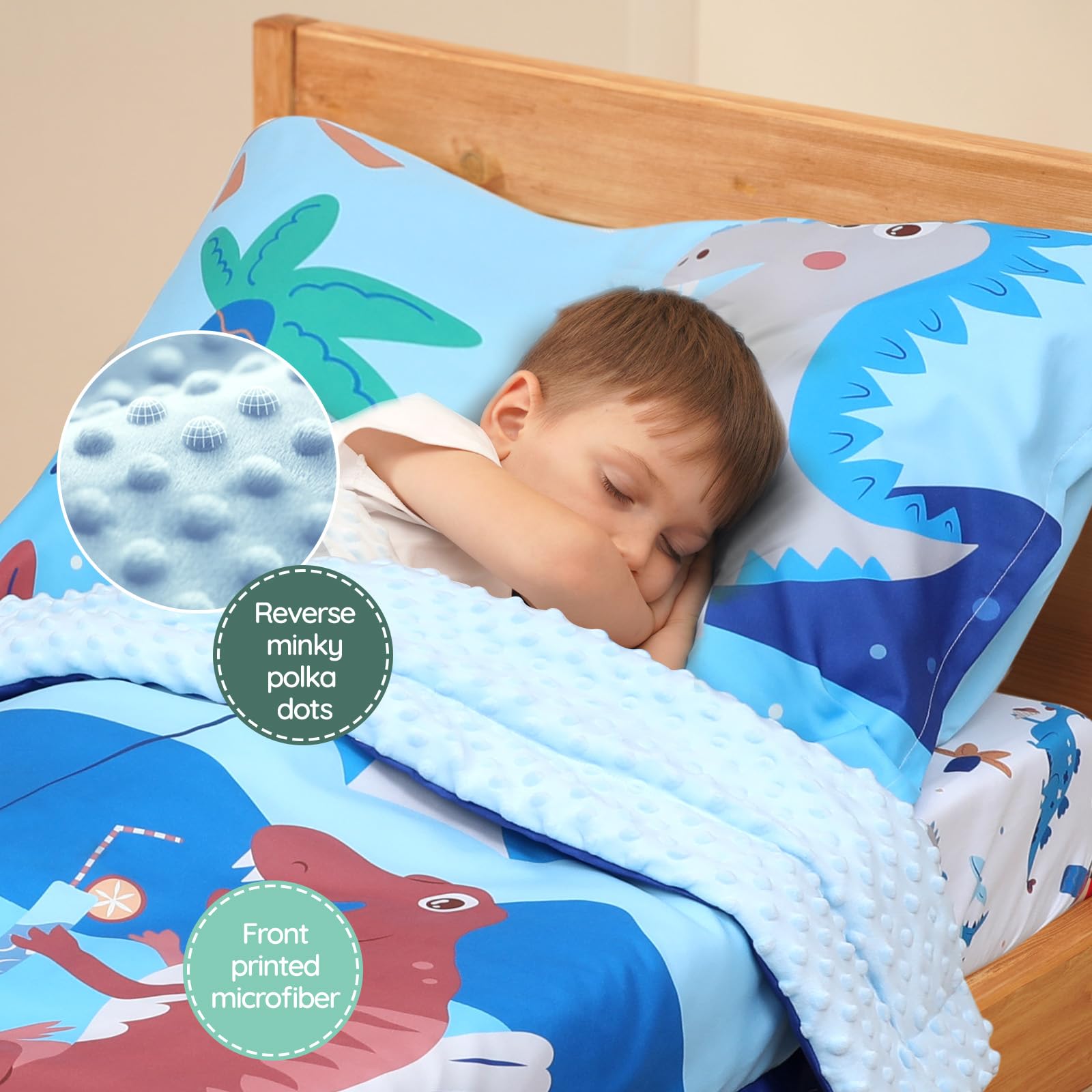 ACRABROS Juego de ropa de cama infantil de 4 piezas para niñas y niños, incluye edredón, sábana bajera, sábana encimera y funda de almohada reversible, juego de cama ultra suave, dinosaurio azul