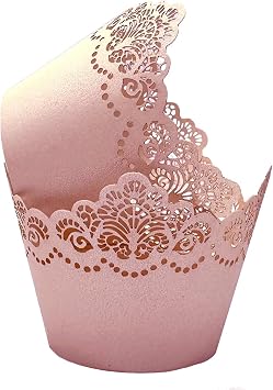 50Pcs Cupcake Wrappers Lace Laser Cut Liner Baking Cup Wraps Muffin Case Trays Crown Bake Cake Paper for Wedding Party Birthday Decoration Light Pink