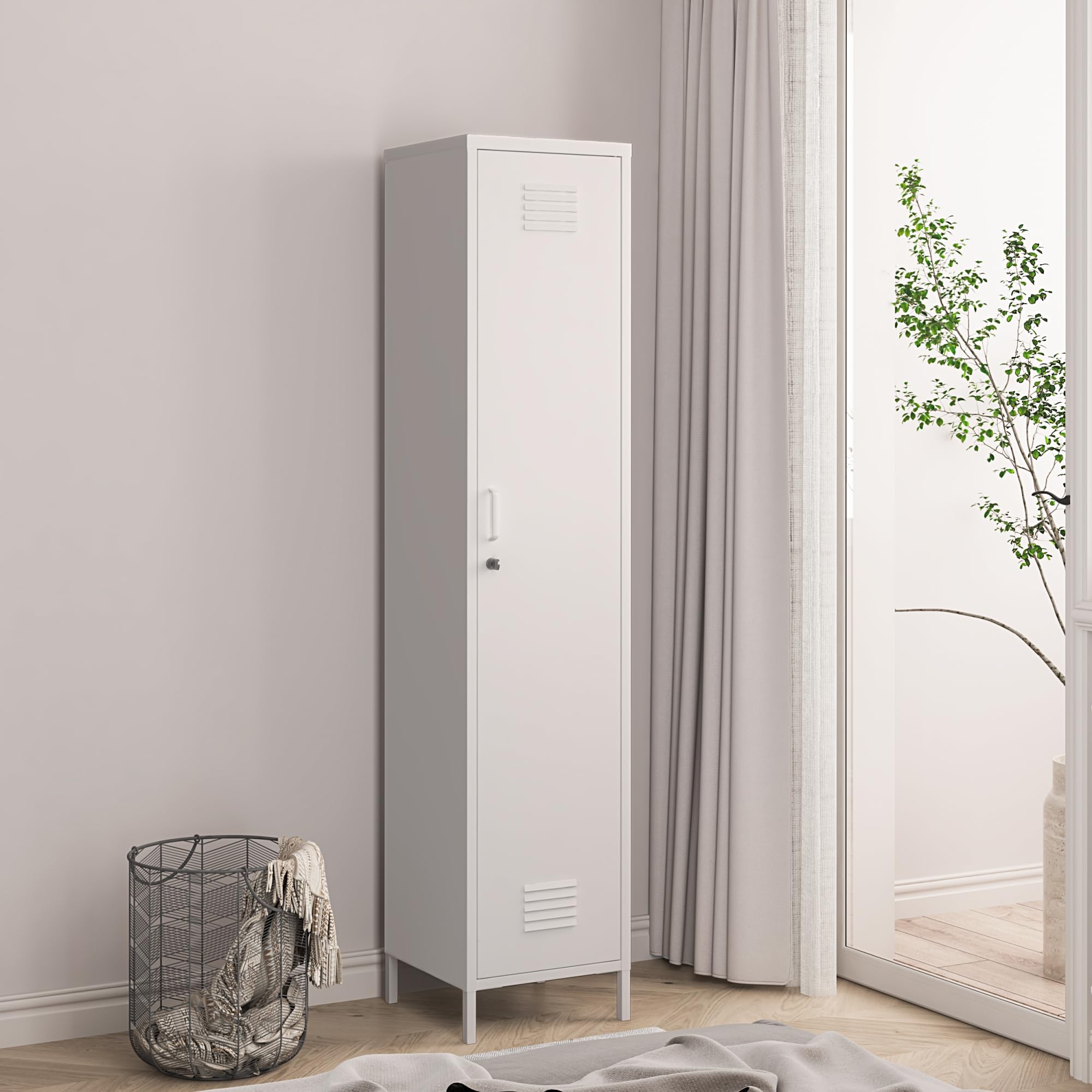 [en.casa] Armadio da Ufficio con Anta e Serratura Ripiani ad Altezza Regolabile Mobile in Acciaio da Spogliatoio con 3 Scomparti e Barra Porta Abiti 180 x 38 x 38 cm - Bianco