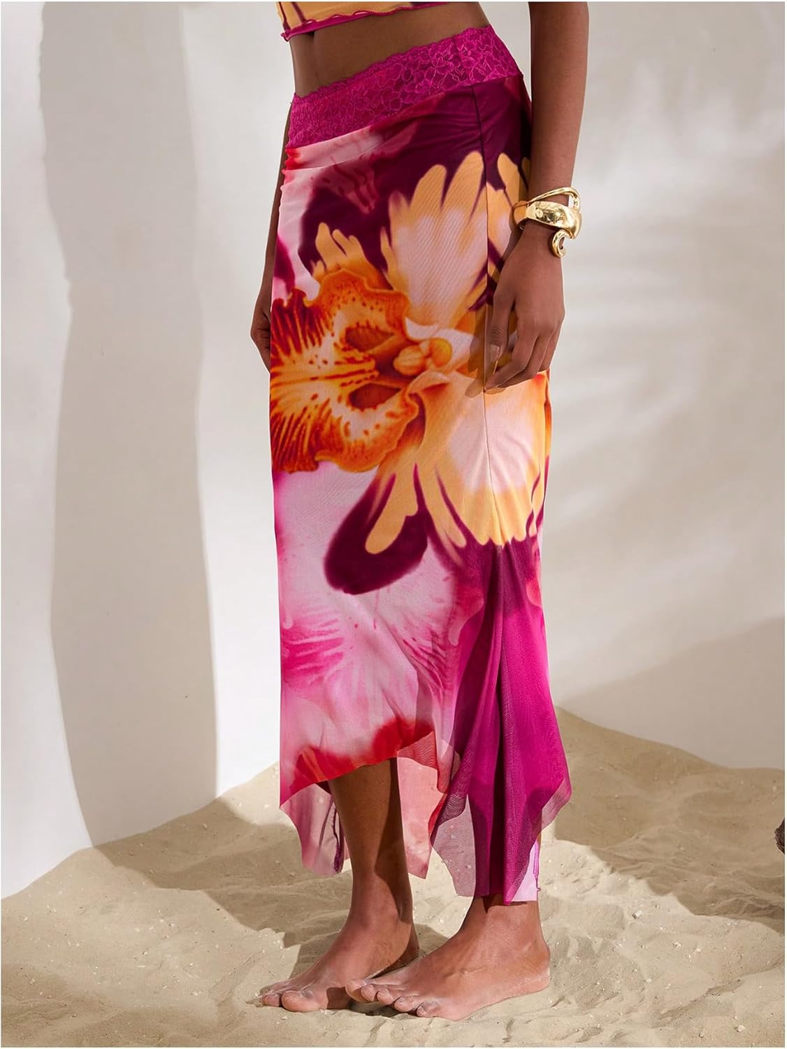 Milumia Women's Boho Asymmetrical Floral Mesh Maxi Skirt Low Waisted Summer Long Skirts - Image 2