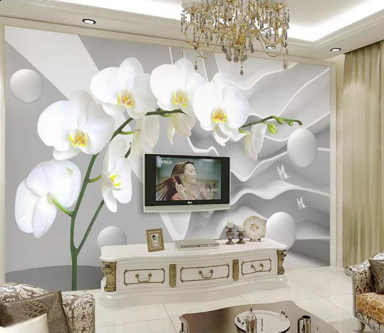 Tapeta 3D do salonu ściana białe i storczyki szer. 300 x wys. 210 cm tapeta ściana telewizor sofa motyw hotel korytarz tło obraz ścienny dekoracja domu