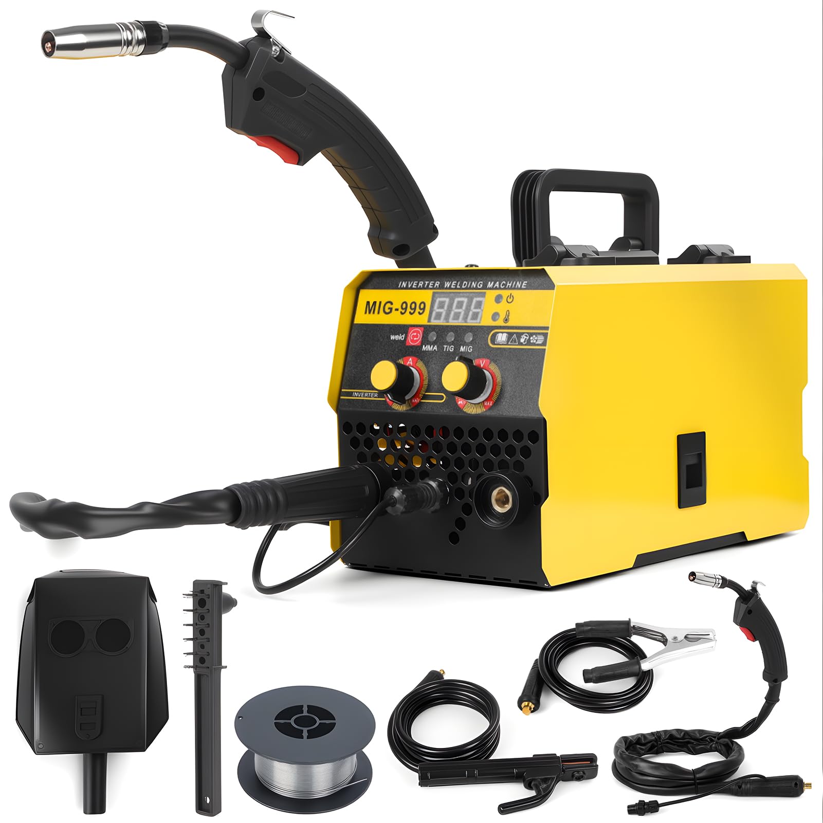 140A Gasless MIG Welders 240V, 3 in 1 Portable MIG Weleding Machine with Smart Digital LED Display, Welding Flux Wires, Ideal for Beginner (Yellow)
