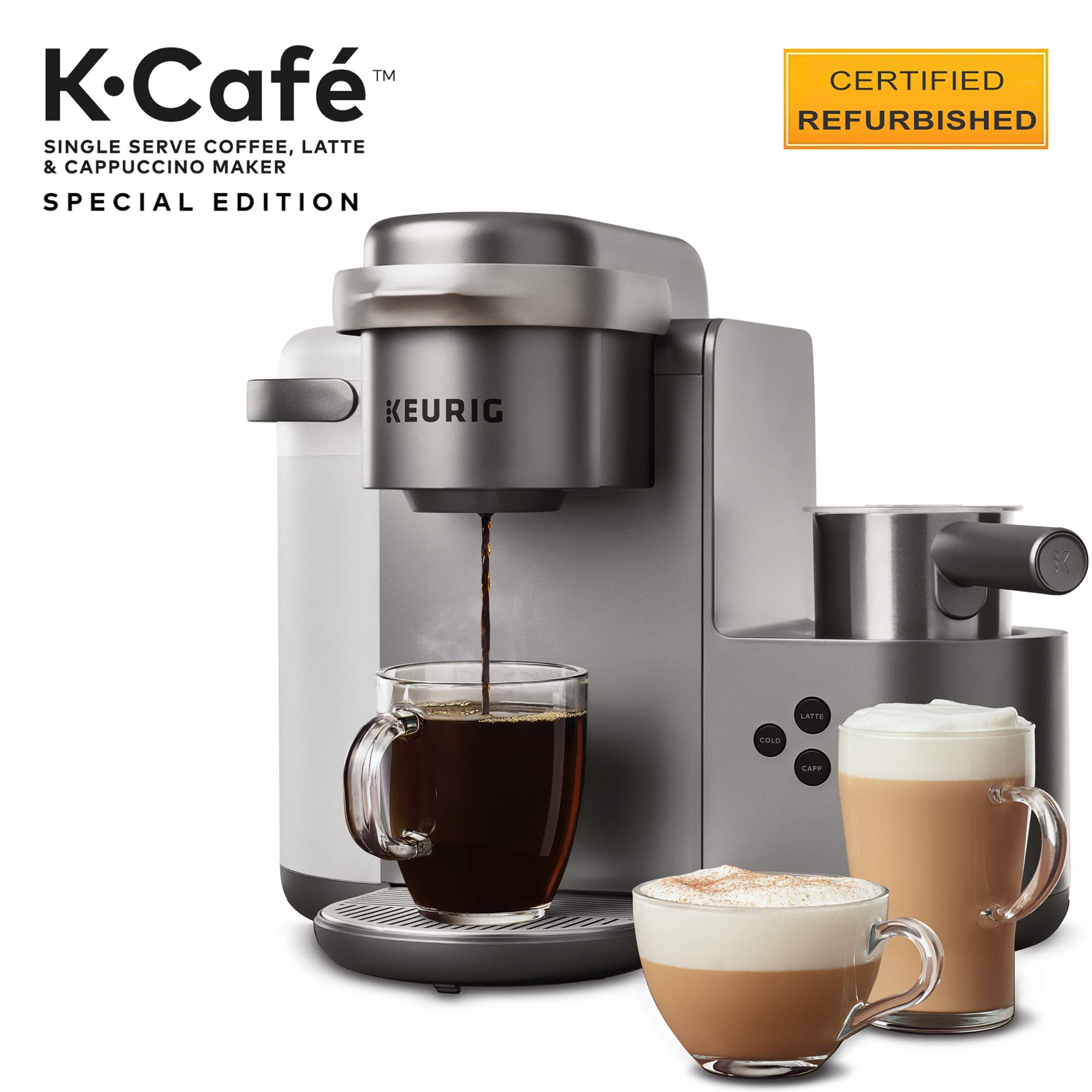 Keurig K-Cafe Special Edition Coffee Maker, Single Serve K-Cup Pod Coffee, Latte and Cappuccino Maker, Comes with Dishwasher Safe Milk Frother, Coffee Shot Capability, Nickel (Renewed)