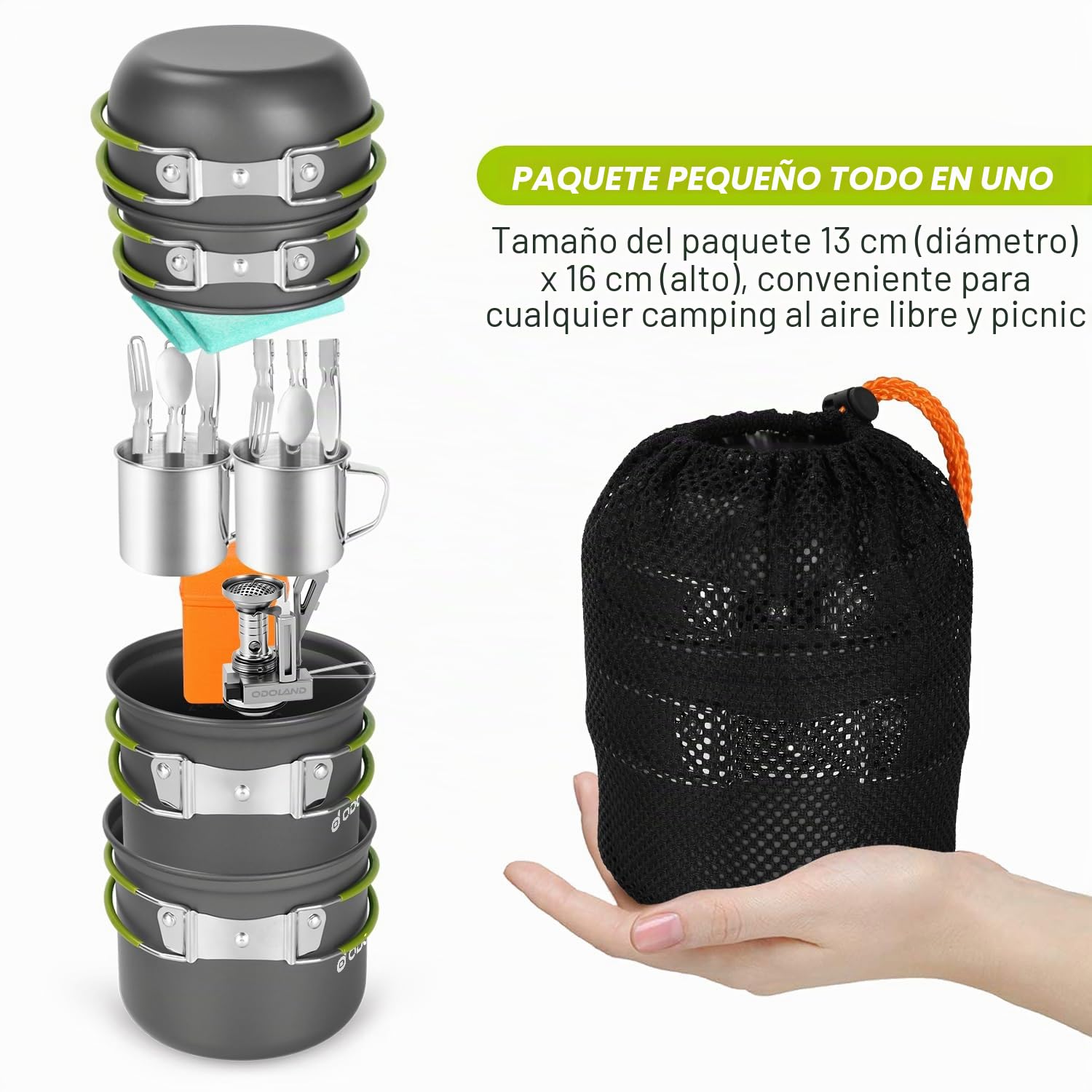 Odoland - Juego de sartenes para camping, 10 utensilios de cocina de acampada, de aluminio duradero, camping y utensilios completos con estufa de camping portátil ultraligero para camping, senderismo,