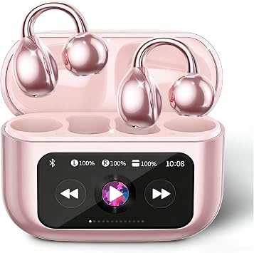 Piluyaa Clip-on Earbuds, Open Ear Earbuds with LCD Touchscreen Wireless Bluetooth 5.4, Lightweight M100 Open Ear Headphones with C-Shaped Bridge, Slim Hook,48H Battery, for Sports, Fitness Pink