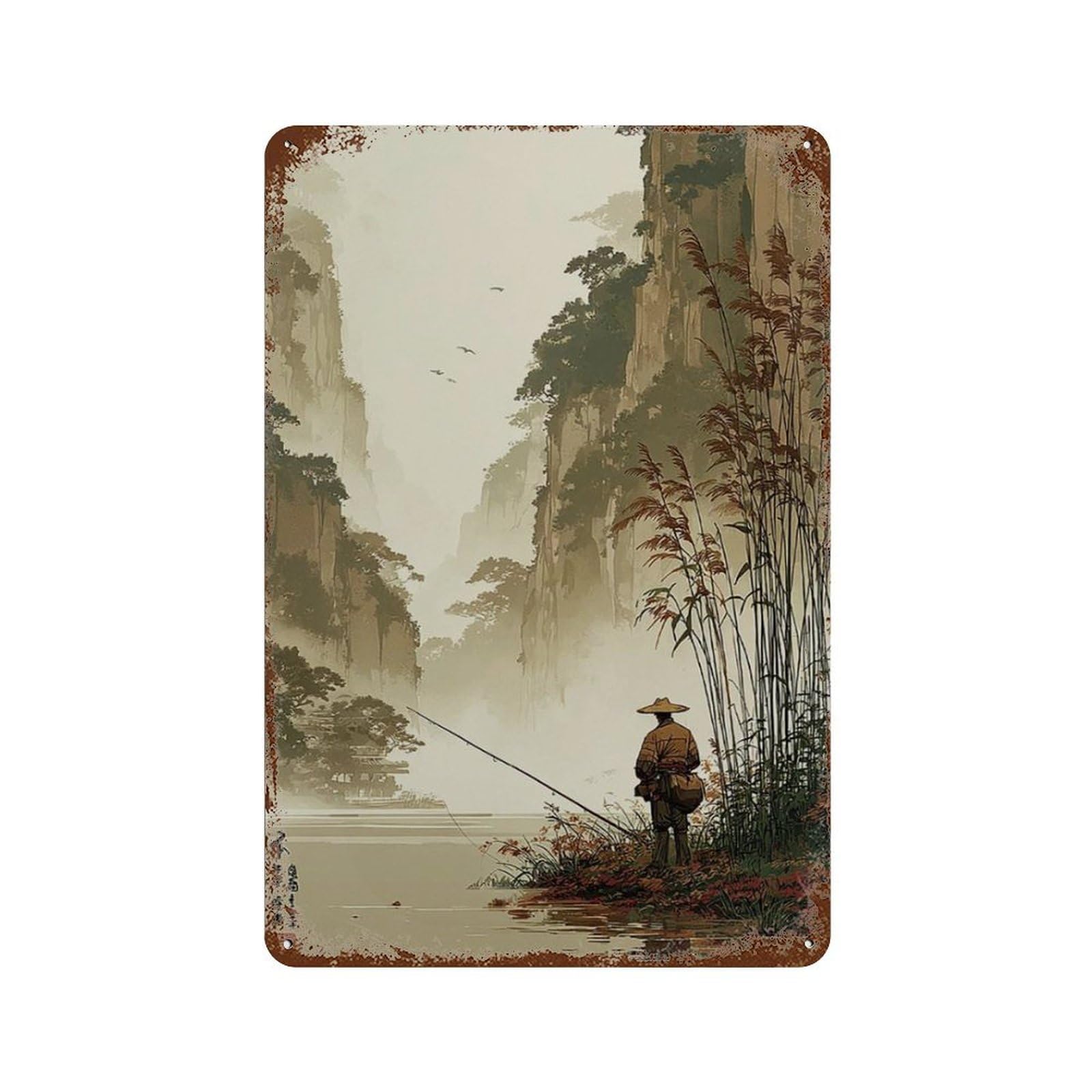 xiaoxiaoshen Misty River Fisherman Japanese Landscape Serene Mountain Lake Scene Wall Decor Art Metal Tin Poster Modern Home Decor Art Home Bar Shop Decorations Vintage Sign 30x20cm