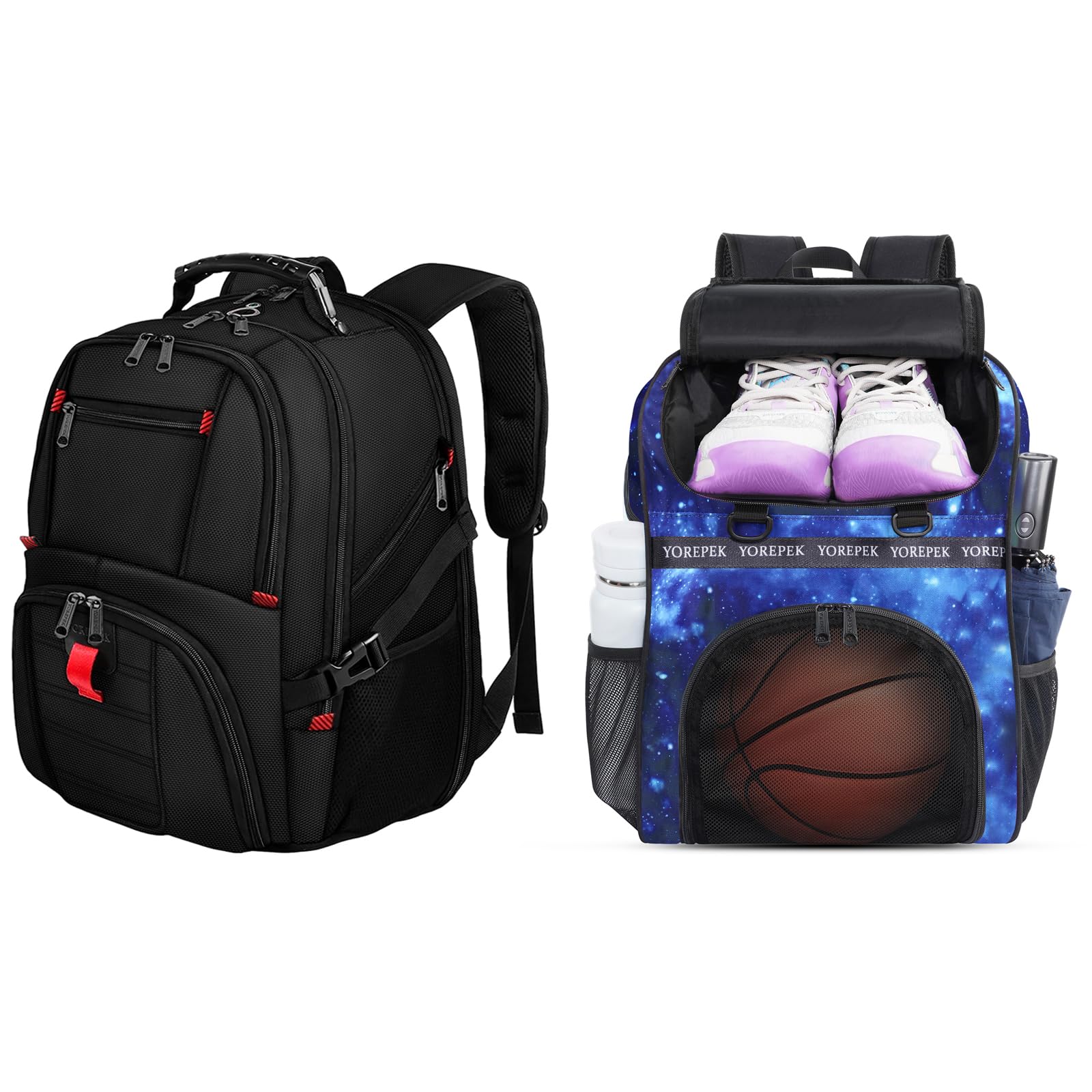YOREPEK Travel Backpack & Basketball Bag, Extra Large 50L Laptop Backpacks for Men Women, Large Basketball Backpack with Shoe Compartment and Ball Holder, Water Resistant Backpack, Black & Star Blue