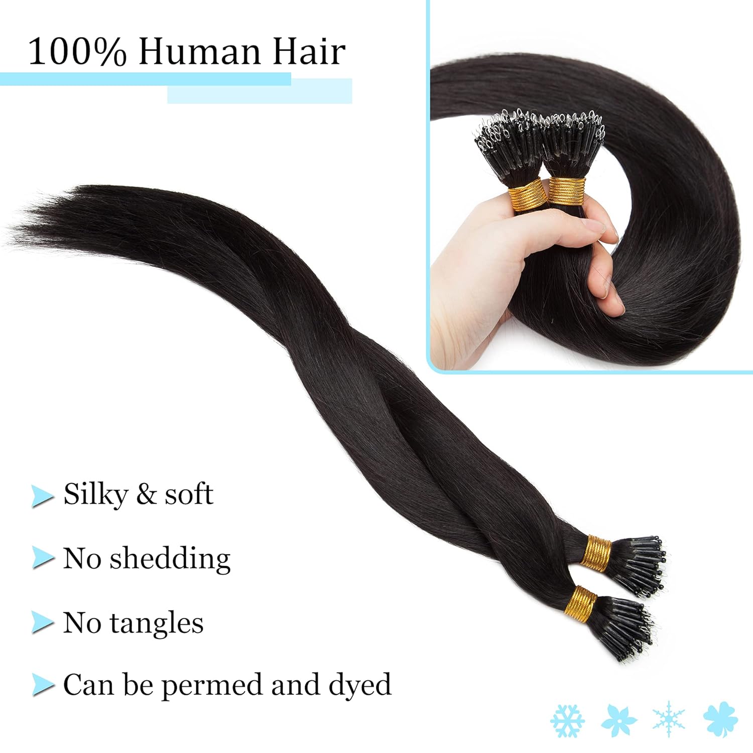 SEGO Nano Tip Hair Extensions Human Hair Balayage Nano Ring Beads Pre-bonded Seamless Highlight Extensions for Women 1g/strand 50g/pack -16 Inch 1B Natural Black