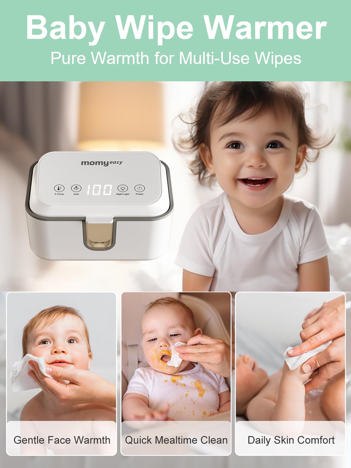 MOMYEASY Chauffe-lingettes pour bébé, distributeur de lingettes de grande capacité avec 3 modes de température, chauffe-couches chauffant uniforme avec veilleuse pour bébés/adultes