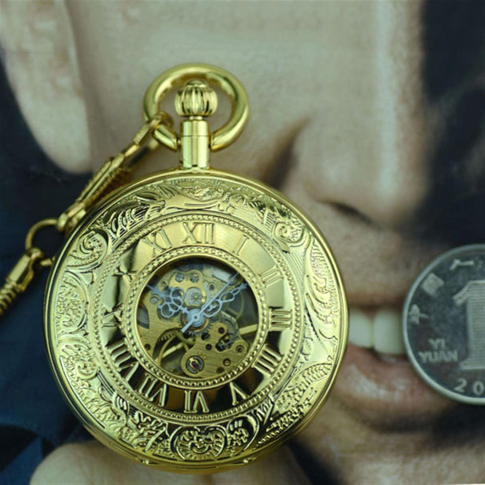 Relojes de Bolsillo, Cobre Puro Doble Apertura Flor Tallada Solapa Colgante Reloj números Romanos Regalos para