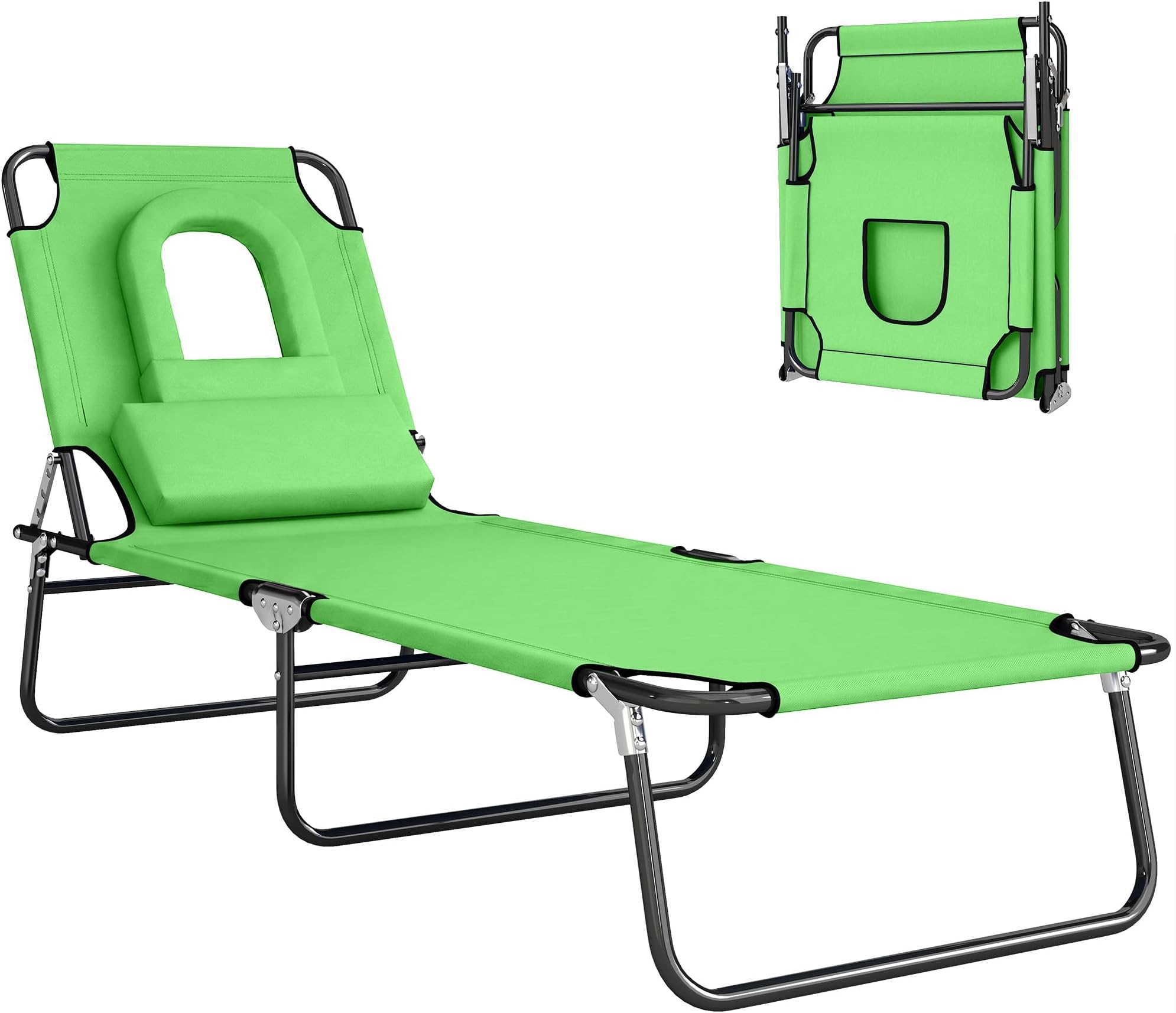 Folding Sun Lounger with Face Hole, 4-Position Adjustable Backrest Garden Recliner Chair Sunbed, Outdoor Lounge Chair with 600 D Oxford Cloth Seat, Pillow for Beach, Green