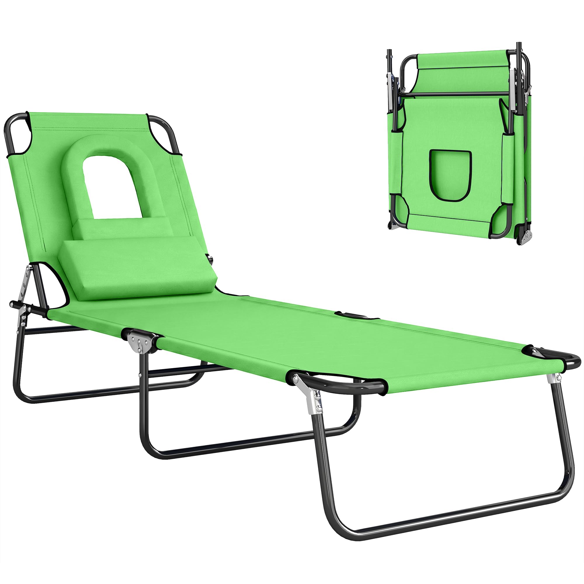 Outsunny Folding Sun Lounger With Padded Face Hole - 4-Position Adjustable Backrest, 120Kg, 84B-002Gn Green