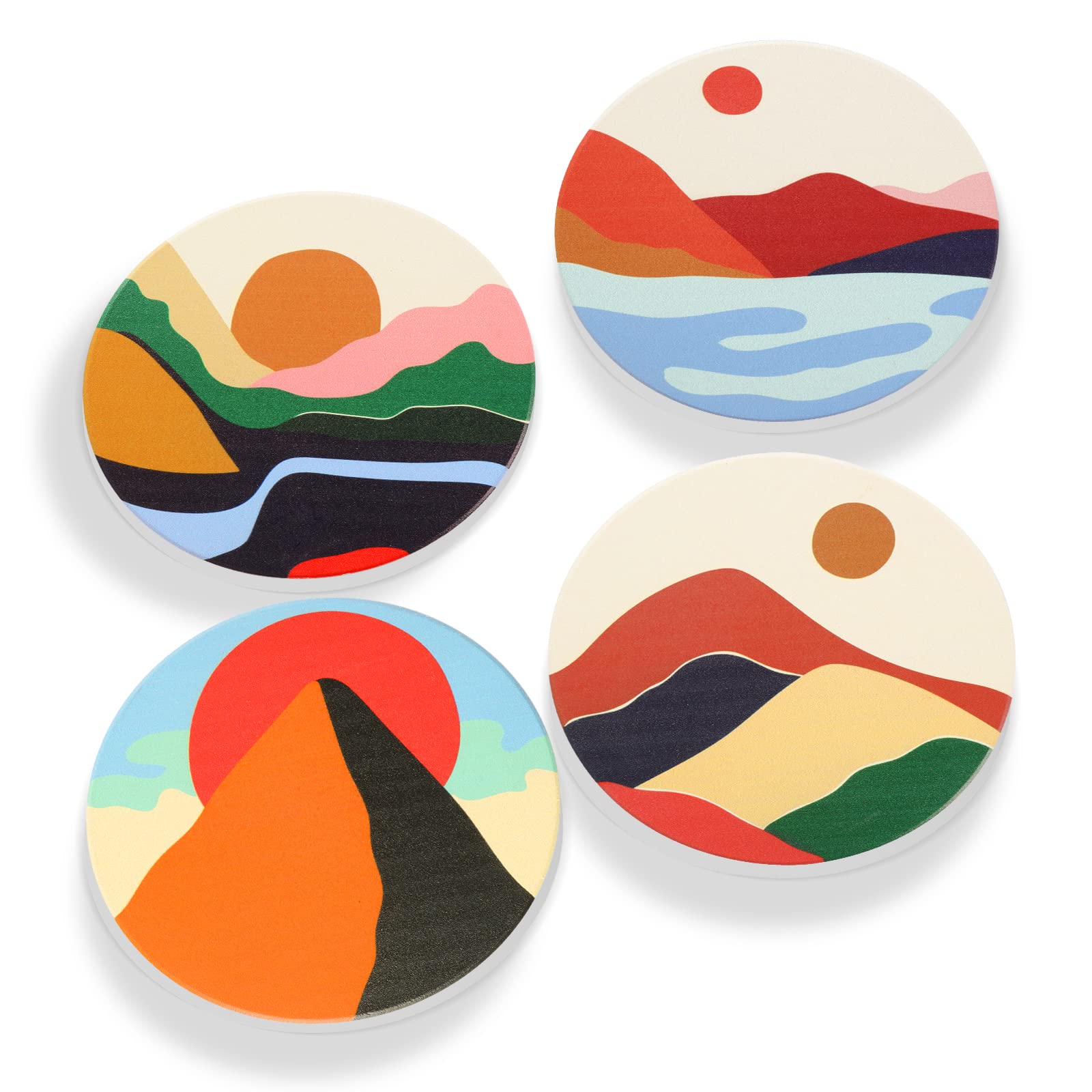 HAOCOORound Drink Coasters set of 4 - Absorbent Stone Coaster Set with Cork Base and Ceramic Stone, Decorative Cup Coasters for Kinds of Mugs and Cups… (Color mountain)