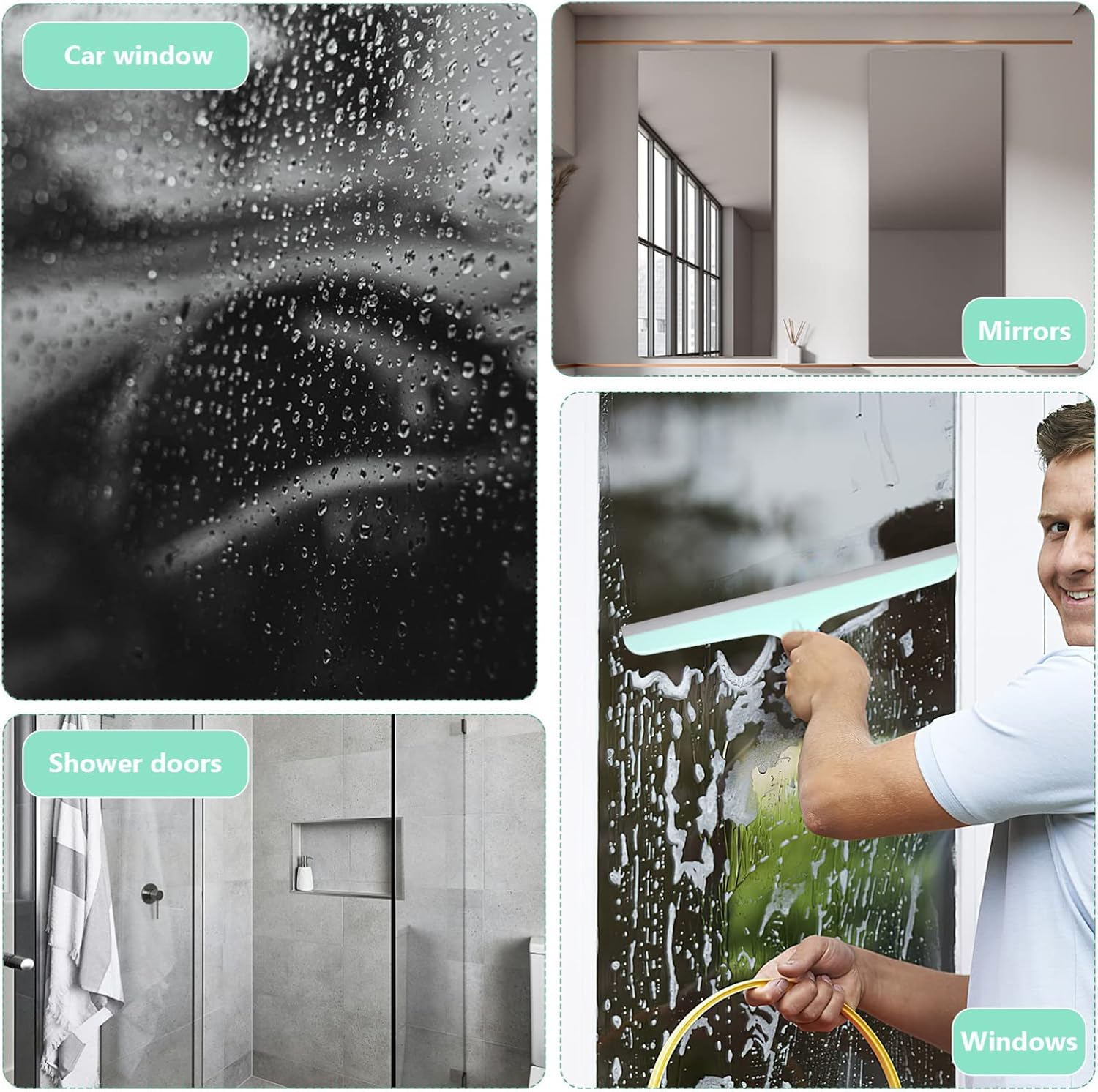 4pcs Portable Shower and Window Squeegee Cleaning with Adhesive Hooks for Bathroom Kitchen and Car Care Includes and Grey Squeegees