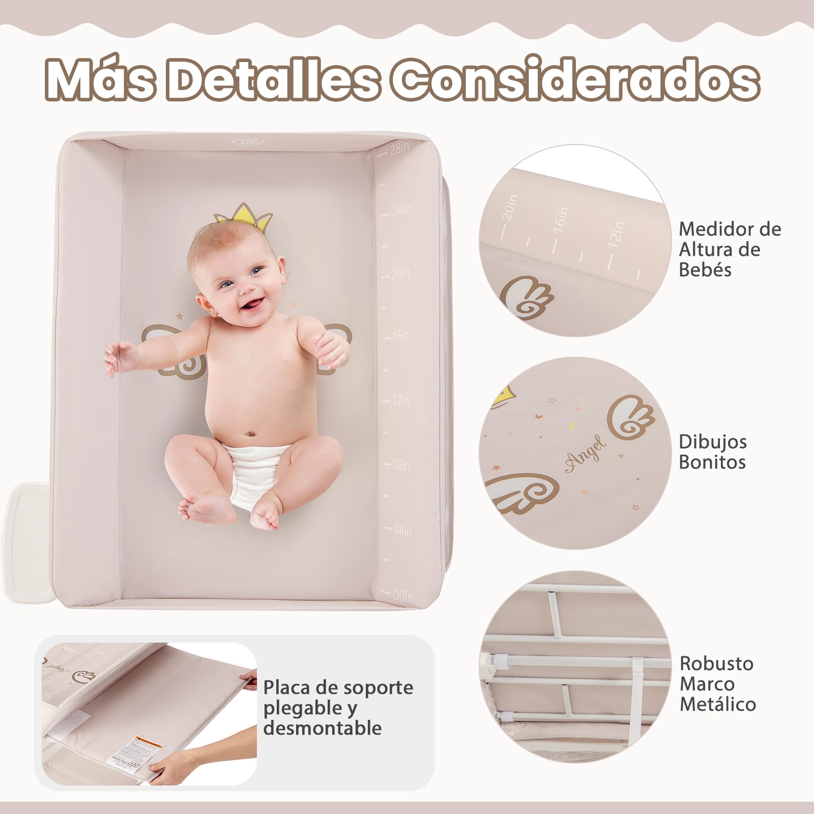 GOPLUS Cambiador de Pañales Plegable y Portátil, Cambiador Bebe con Altura Ajustable, 4 Ruedas Universales con Frenos para Bebés de 0-12 Meses, Carga hasta 11 kg (Beige)