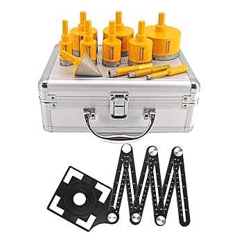 HIGHDRIL Multi Angle Measuring Ruler 5-Hole Drill Locator & Diamond Drill Bit Kit Triangle Shank for Porcelain Tile Ceramic Marble (6/8/10/20/25/28/35/45/50/65+35mm Hex Shank Chamfer Beveling Bit)