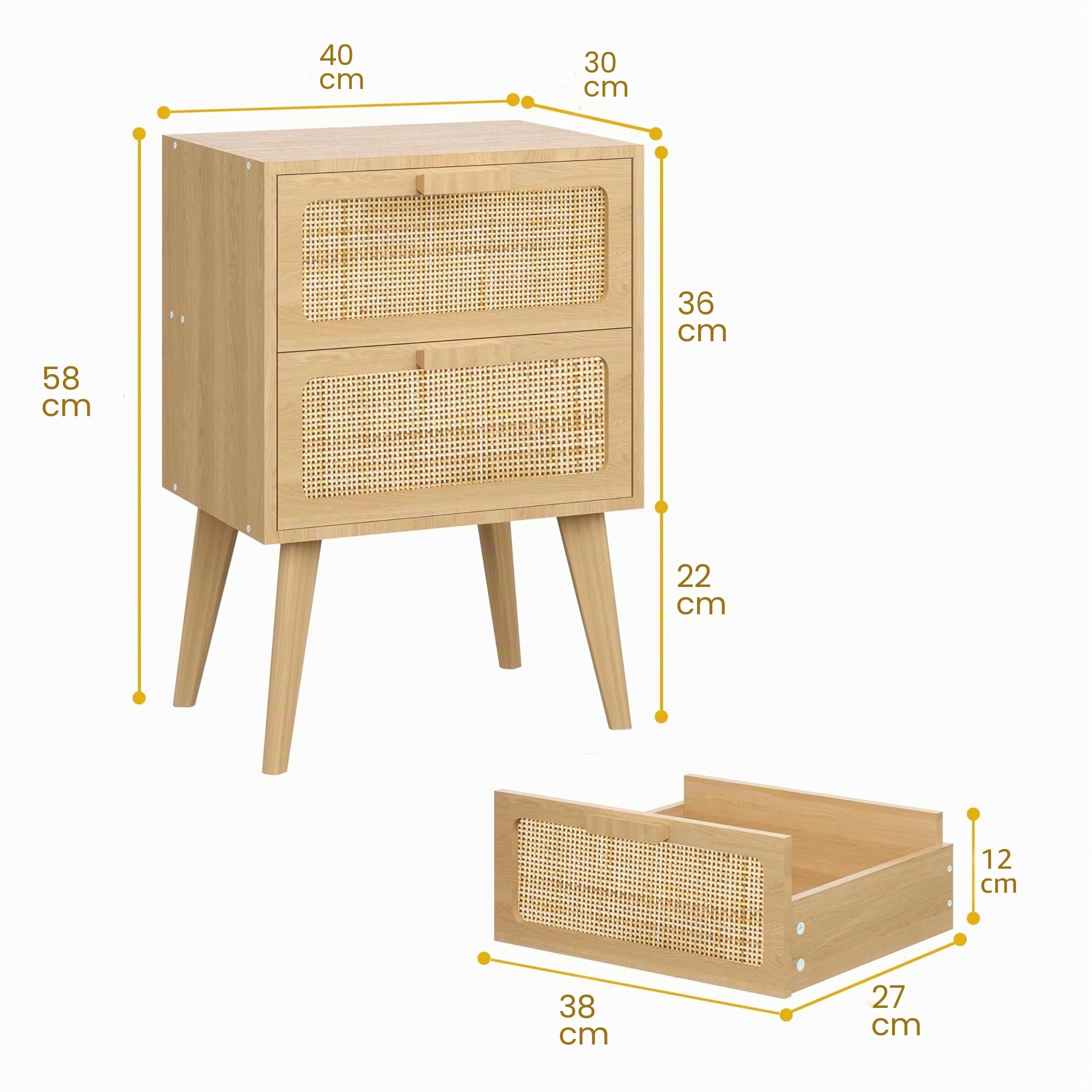 YAUKOMEL Table de Chevet scandinave,Table de Nuit en rotin,2 Tiroir en Rotin,Table d'Appoint,Table de Nuit en Bois,Bout de Canapé avec poignée en Bois pour Salon Chambre Bureau Naturel DECTG59Y