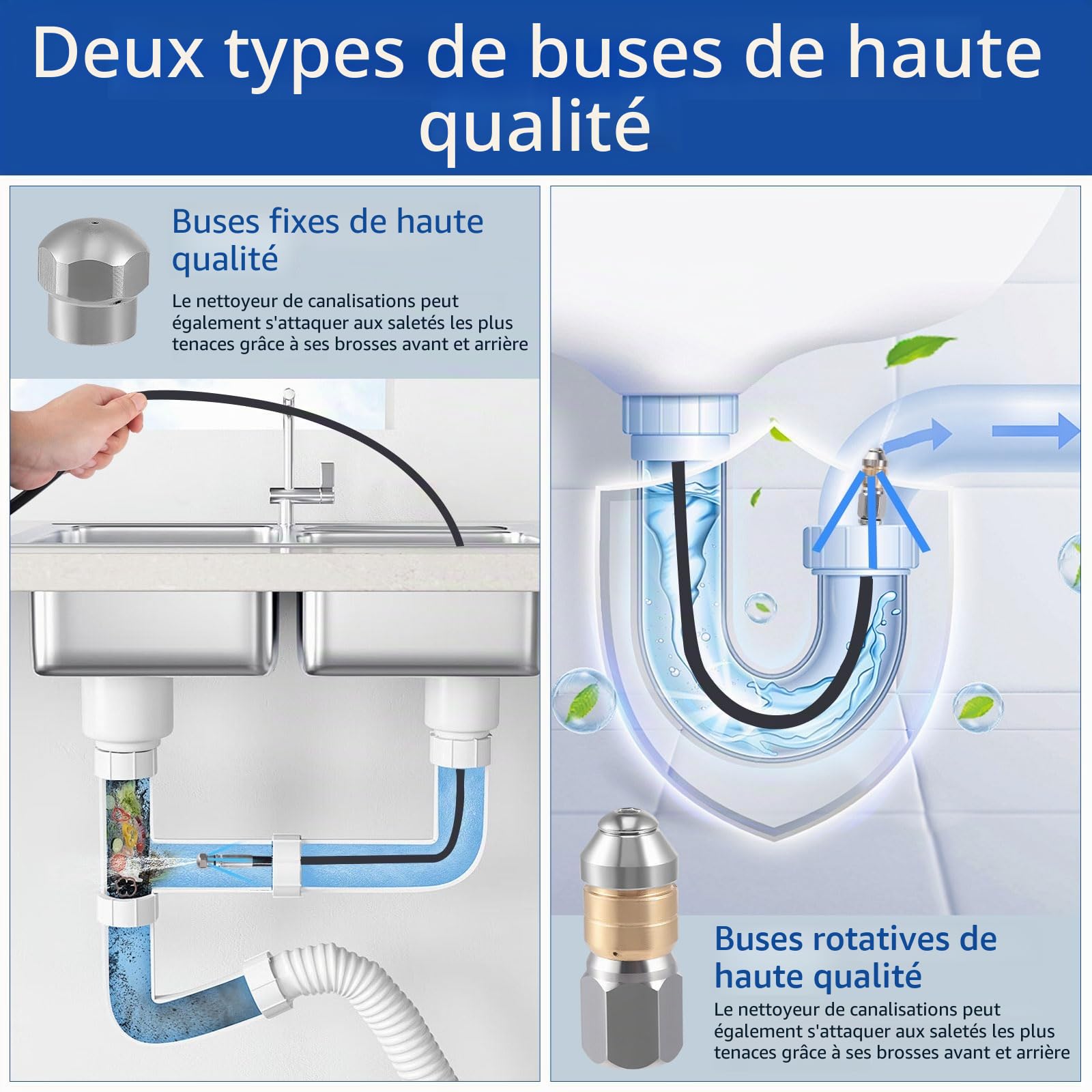 30m Tuyau Déboucheur Canalisation, Furet Deboucheur Canalisation 400 Bar/5800 PSI avec 3 Adaptateurs, 2 Buses et 1 Ruban Téflon, Compatible Kärcher K2-K7, Lavor, Bosch, Parkside pour Usage Domestique