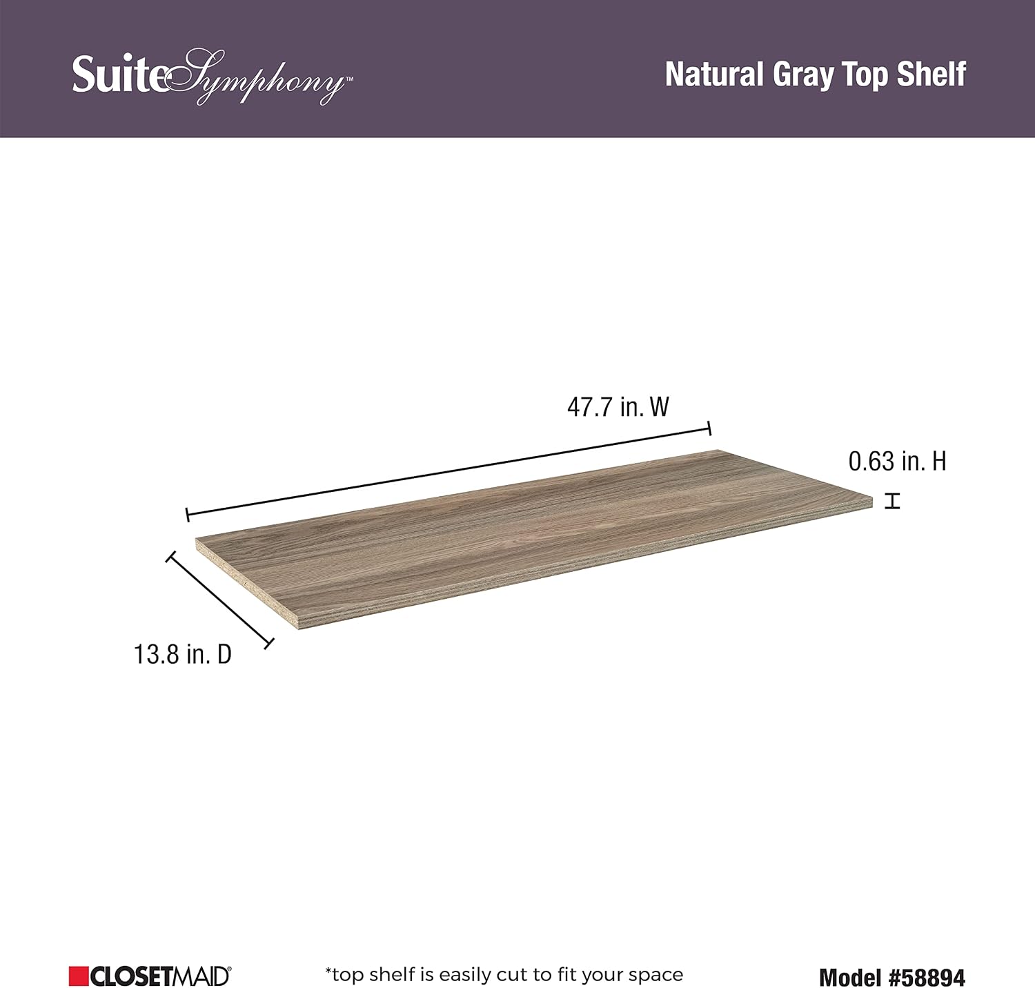 ClosetMaid SuiteSymphony Wood Top Closet Shelf, 48-Inch Wide, Natural Gray