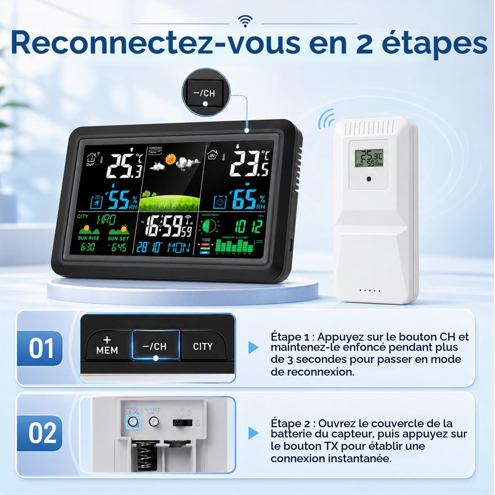 Station Météo Connectée Avec 3 Capteur Extérieur | App Tuya Et Smartlife Contrôle,Alarme,Réveil,Lcd Coloré,Prévision Météo,Station Météo Sans Fil Pour Interieur&Exterieur,Noir