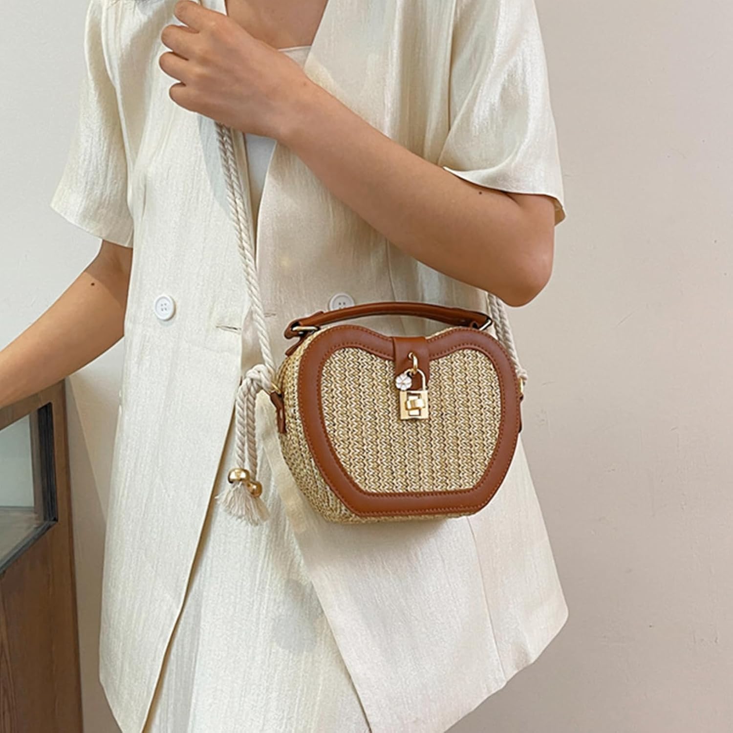 Beach Straw Purse for Women Crossbody Straw Beach Cute Tote Brown Woven Basket Purse Vacation Handbag Shoulder Bag