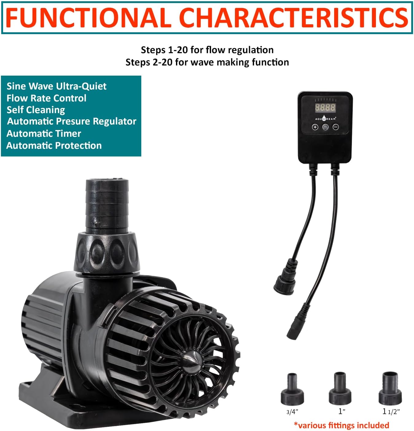 Aqua Dream 1585 GPH Submersible Pump(6000L/H,47W) ECO Amphibious Internal External Fountain Aquarium Sump with Digital Controller Water Pump For Pond,Fish Tank,Fountain,Hydroponics,Statuary - 3Pcs