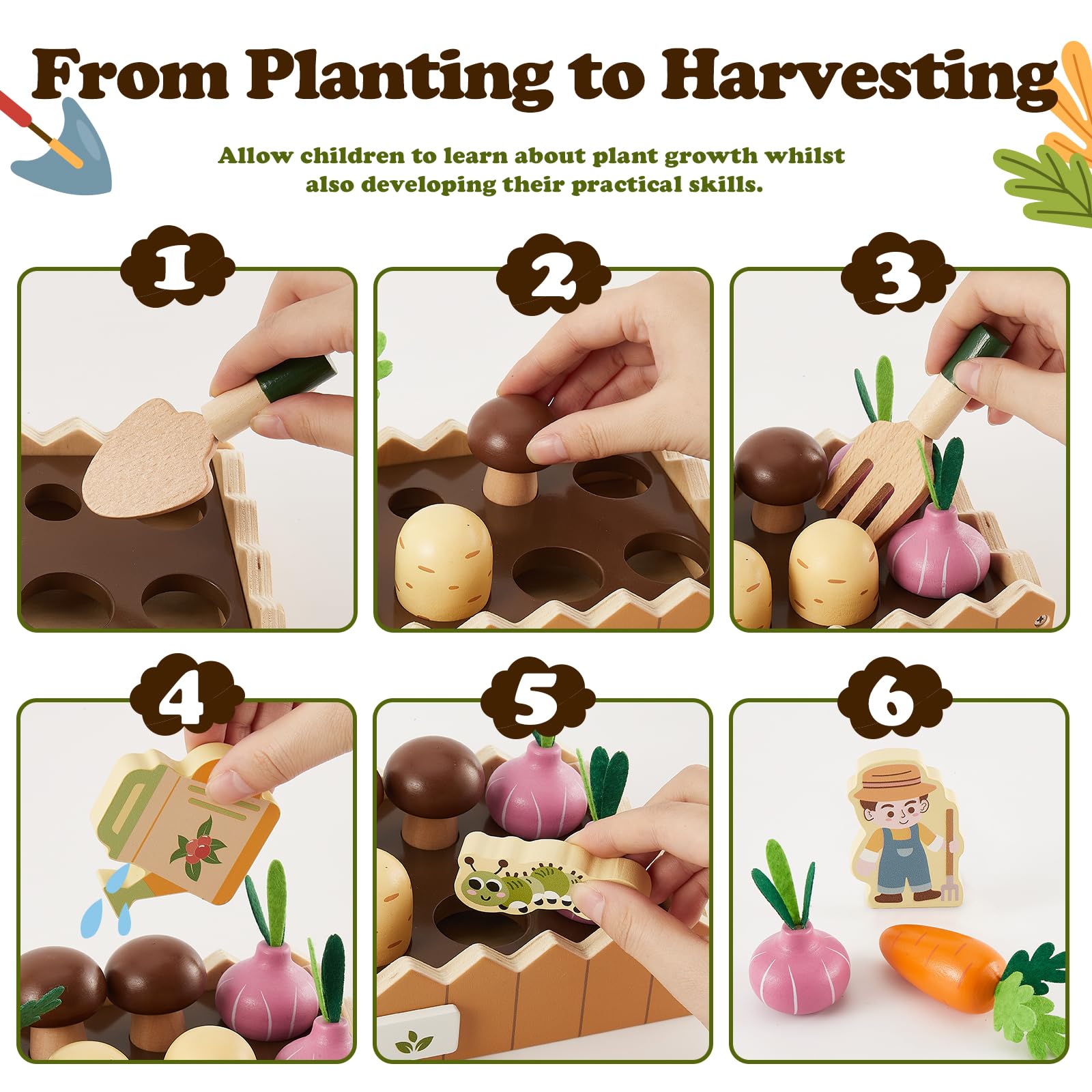 HERSITY Jouet en Bois Montessori Carotte Motricité Fine pour Enfant 2 Ans+ | Légumes en Bois avec 20 Accessoires, Jouets à Planter, Jouets D'activité et de Développement Cadeau pour Bebe Garçon Fille
