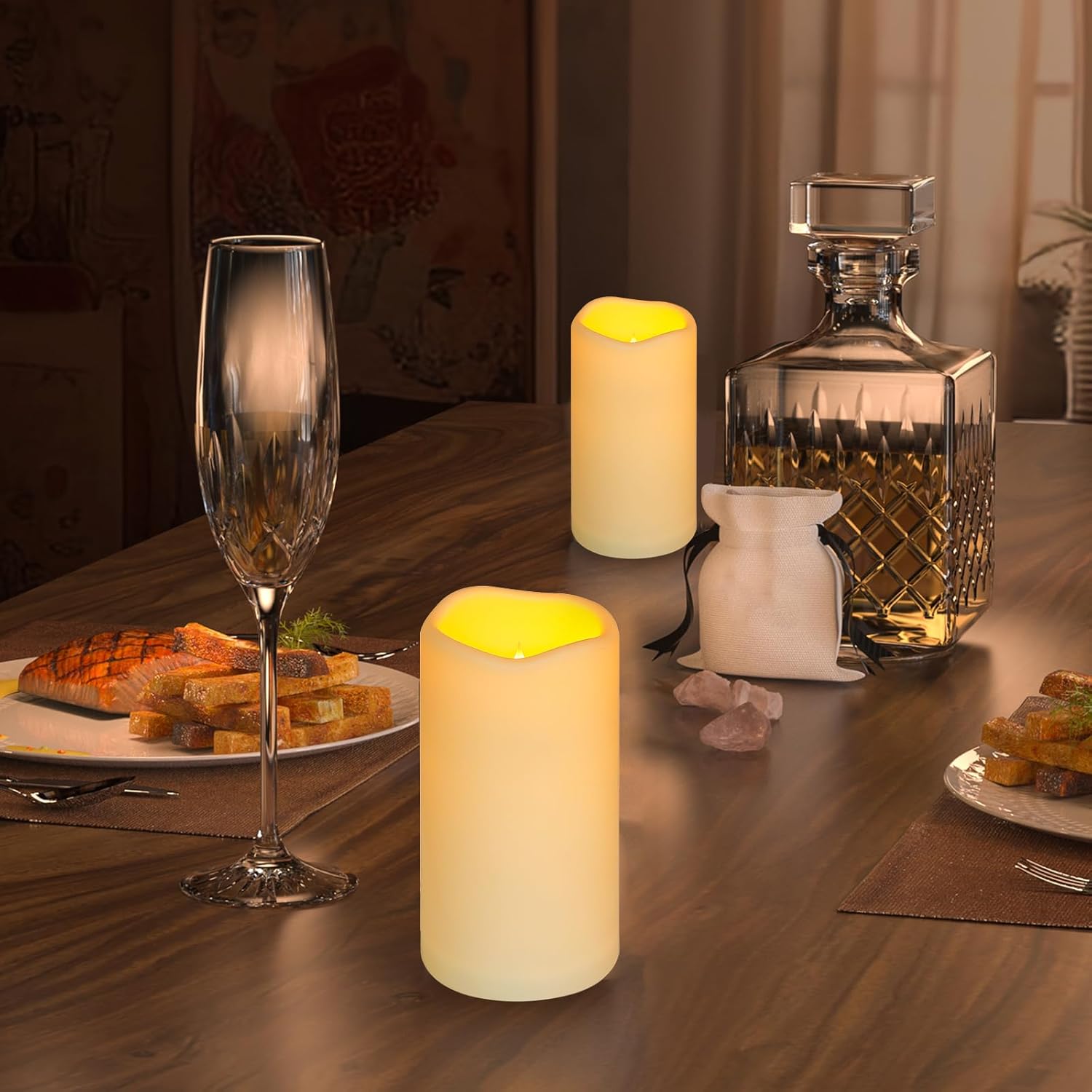 Beige Flameless LED Pillar Candles with Remote Control