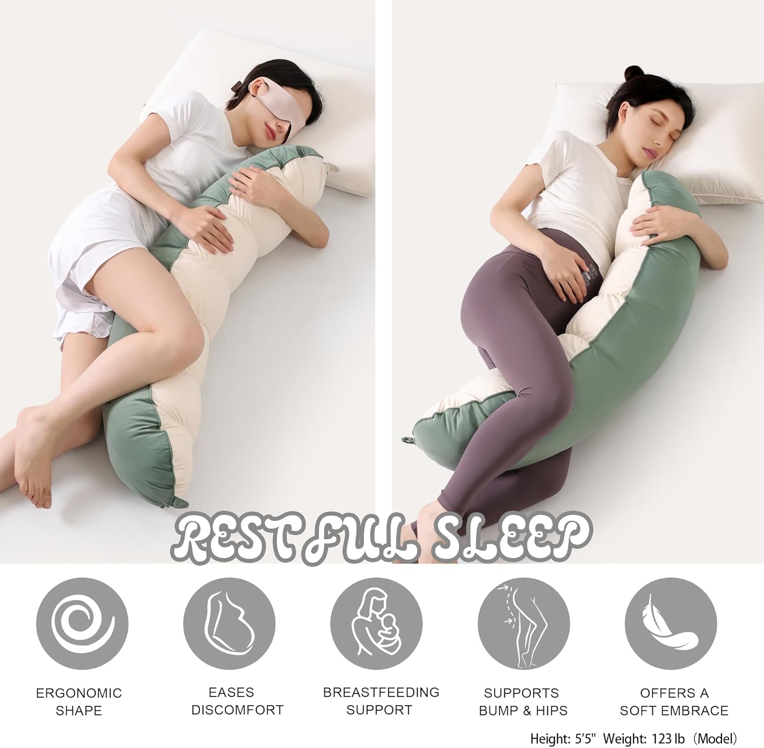 Peallow(Pat. Pend) – Long Round Body Pillow for Adults, Bolster Pillow for Sleeping, Soft and Supportive Pillow for Sleeping & Lumbar Support (Green-White, 39")