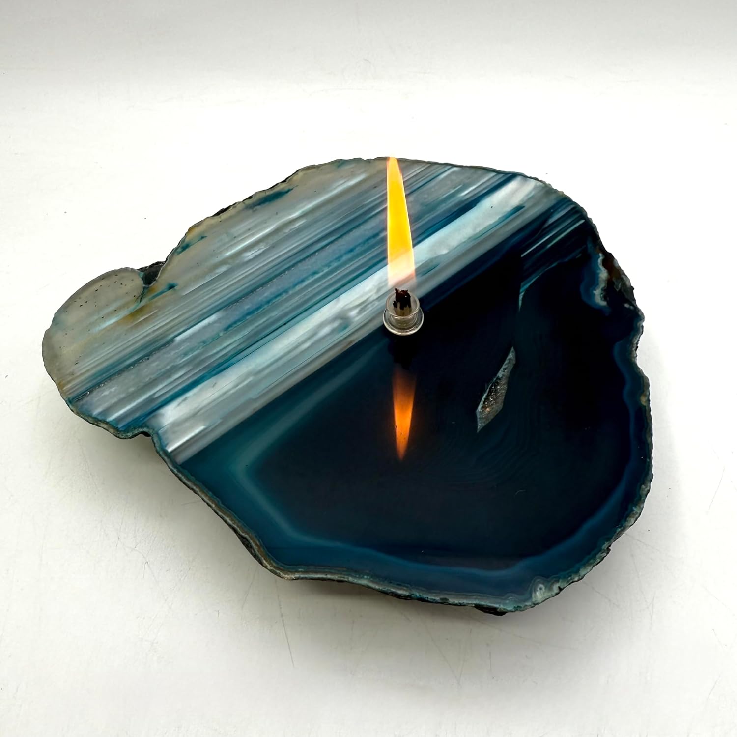 Teal Agate Oil Candle Lamp | 5.5"x6" Natural Stone Oil Candle – Handcrafted Rock Candle with Refillable Wick – Unique Home Décor & Gift #4526